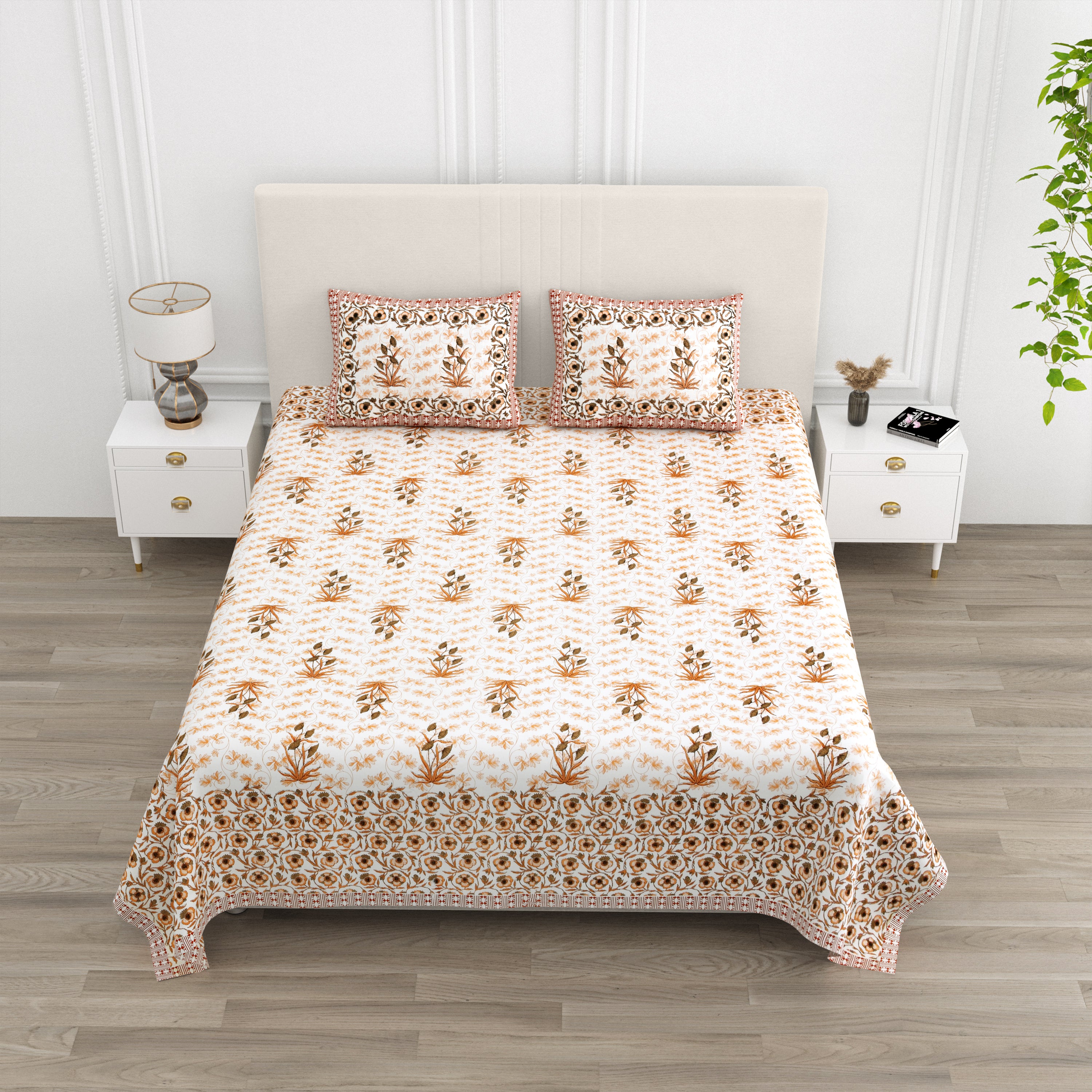 Floral Border Cotton King Size Bedsheet - Rust
