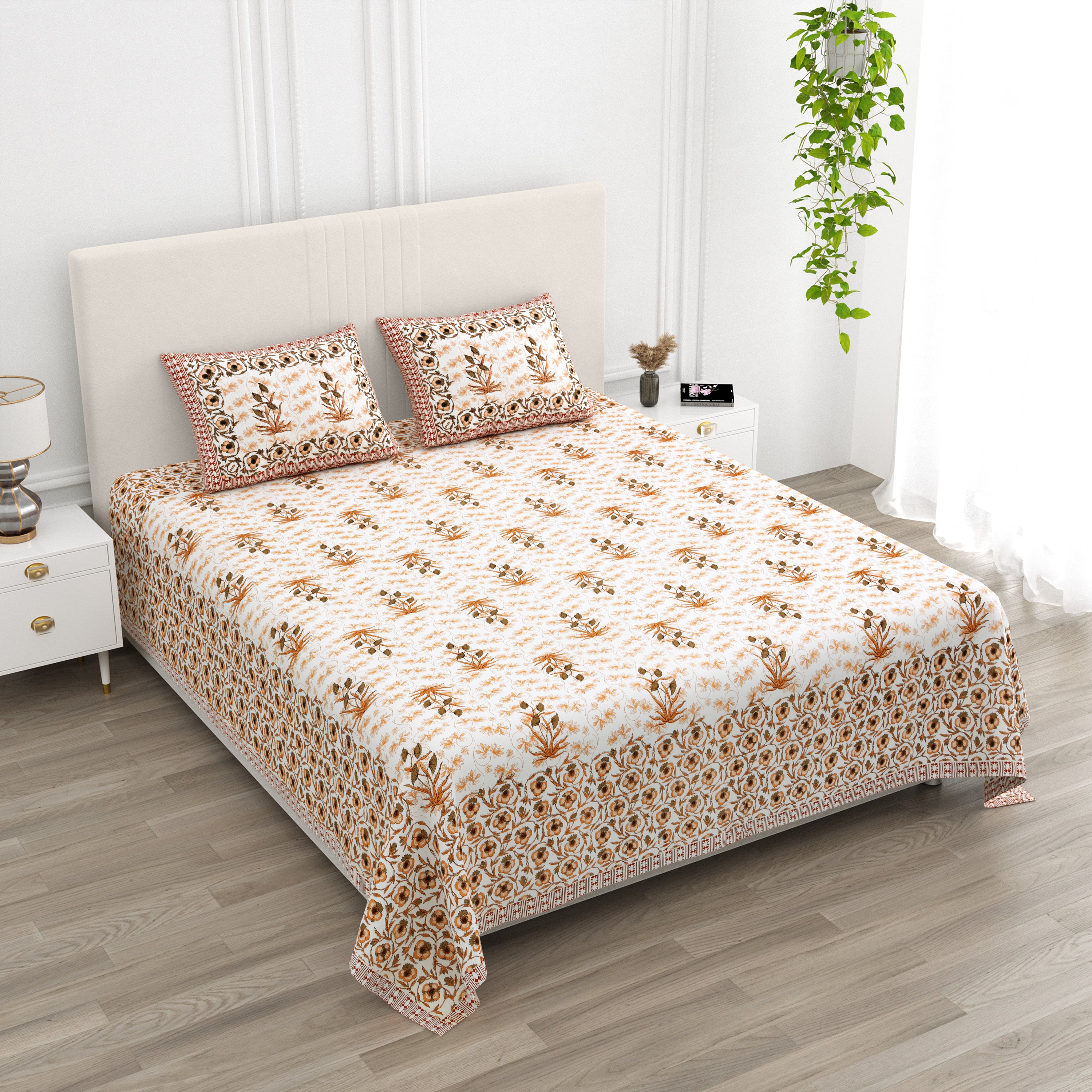 Floral Border Cotton King Size Bedsheet - Rust
