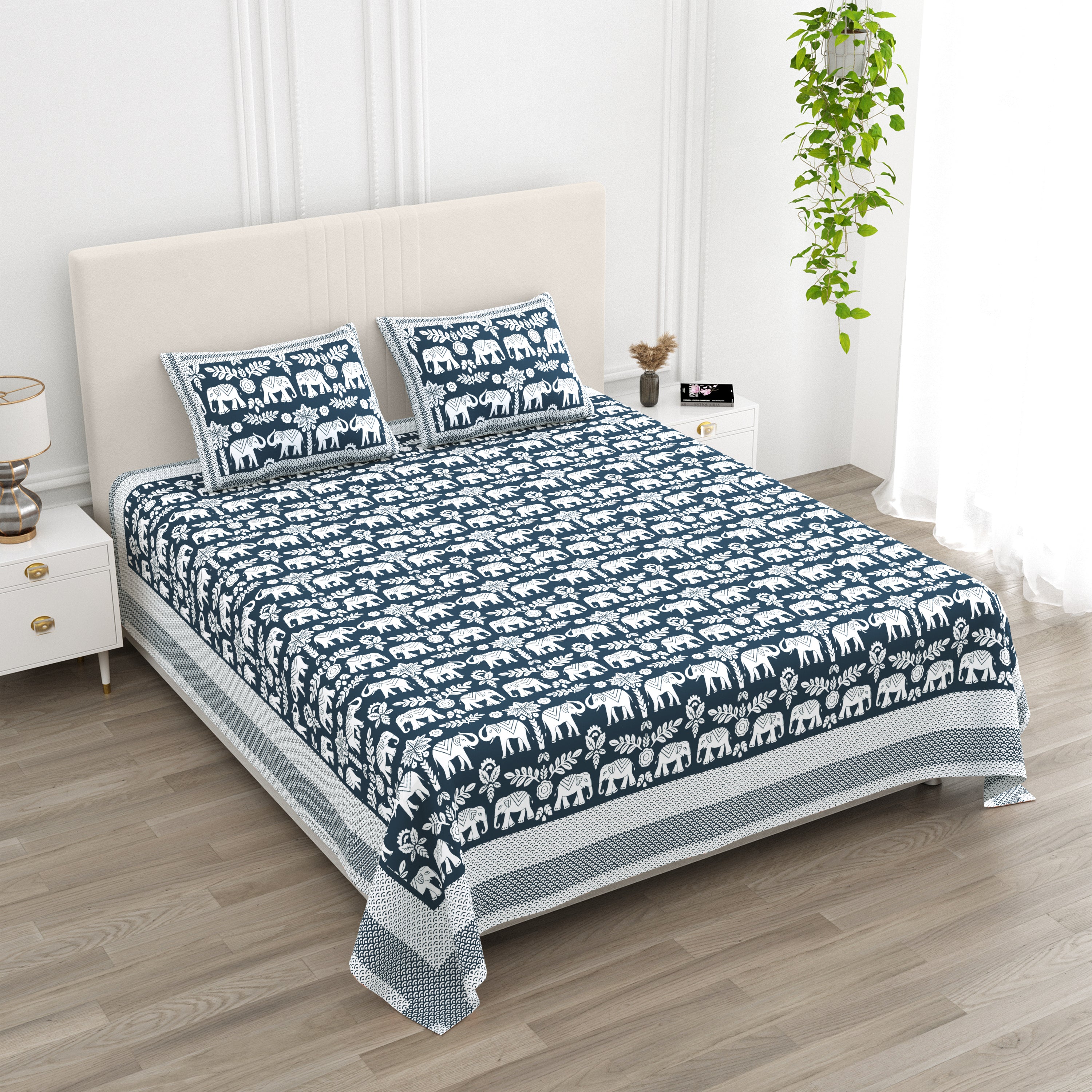 Traditional Elephant Cotton Bedsheet - Midnight Indigo