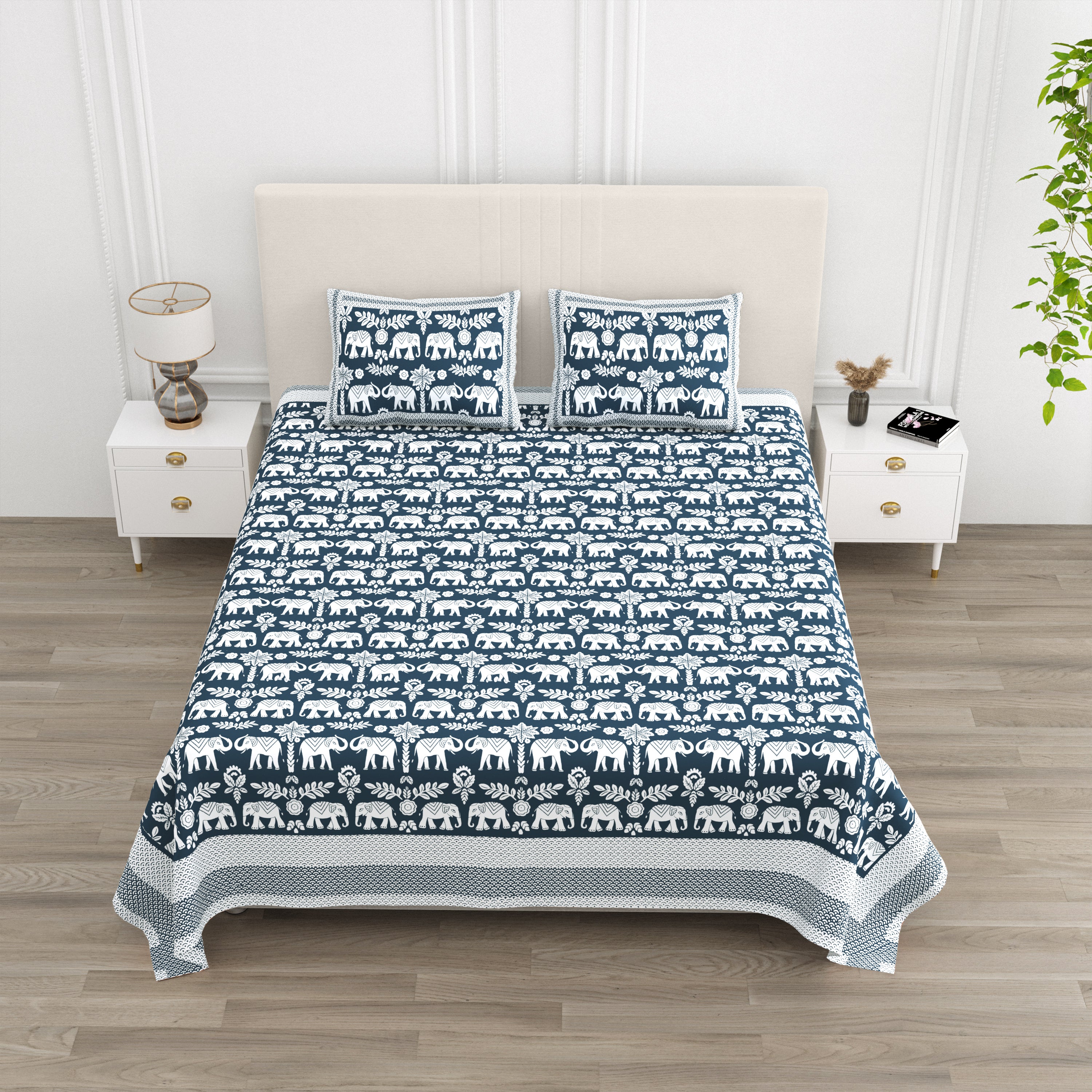 Traditional Elephant Cotton Bedsheet - Midnight Indigo