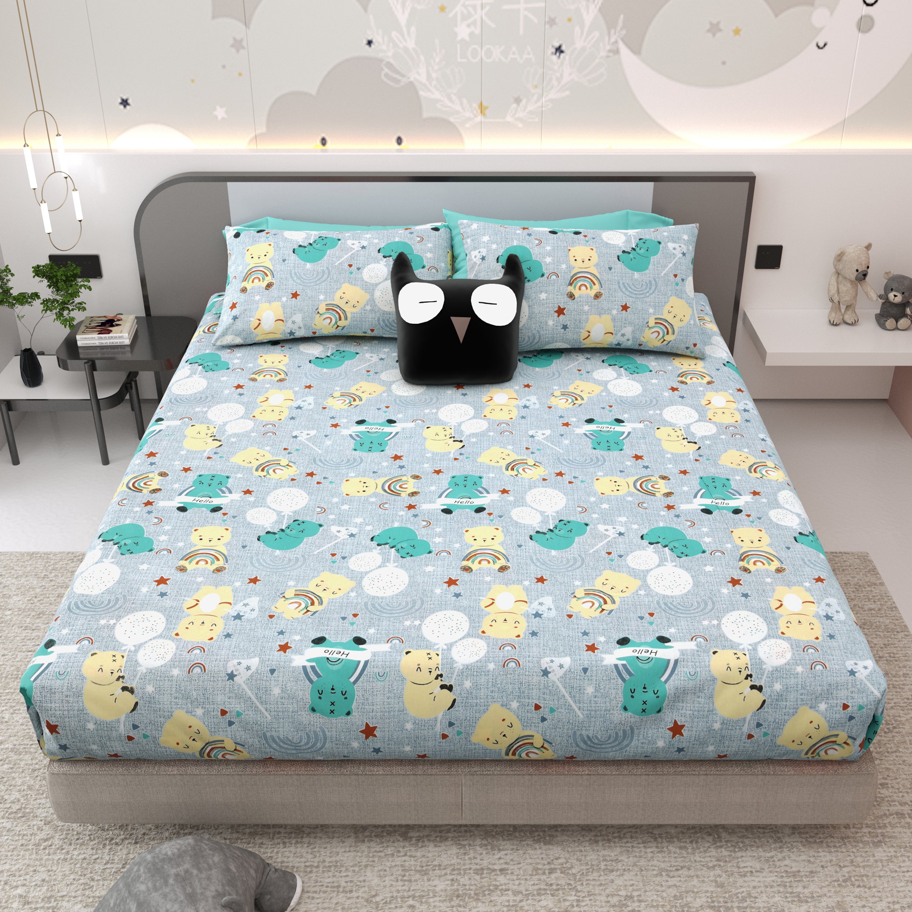 Moonlight Bear Hugs Pure Cotton Kids Bedsheet- Light Grey