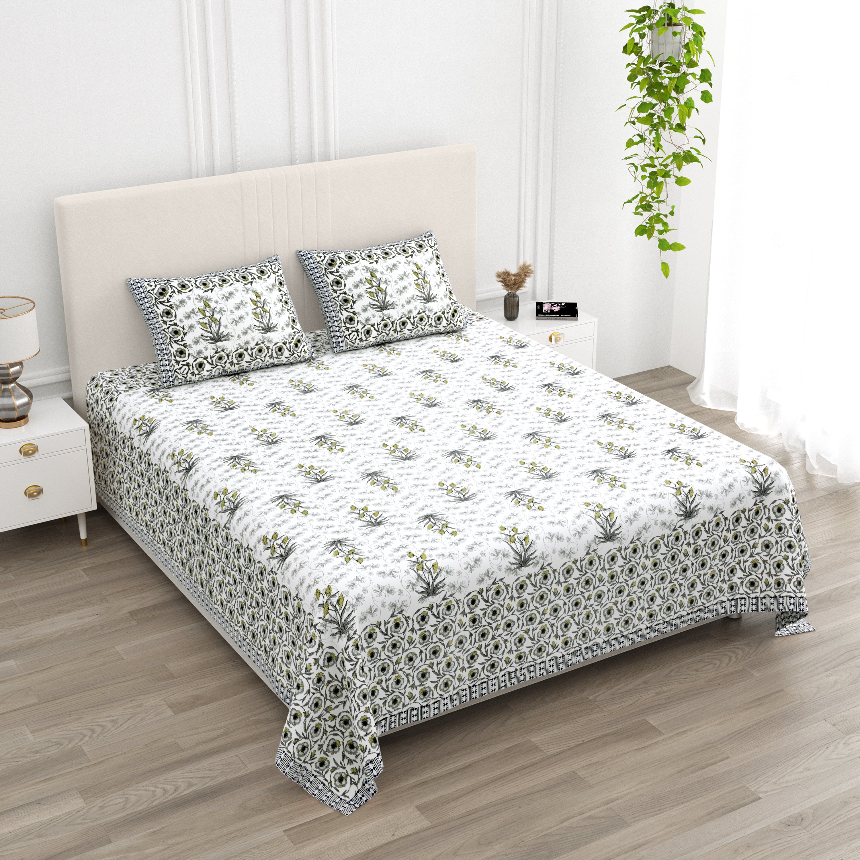 Floral Border Cotton King Size Bedsheet - Grey