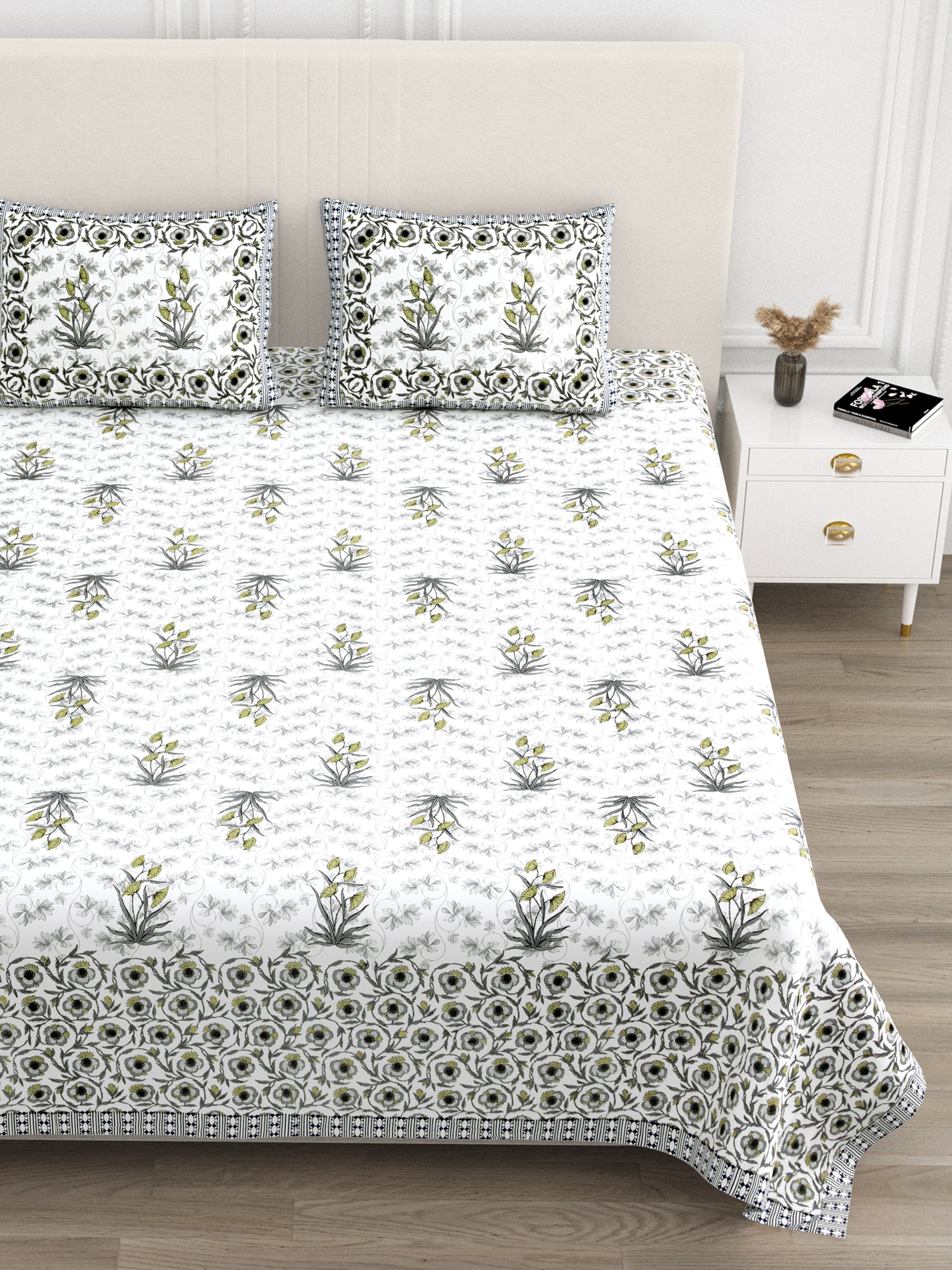 Floral Border Cotton King Size Bedsheet - Grey