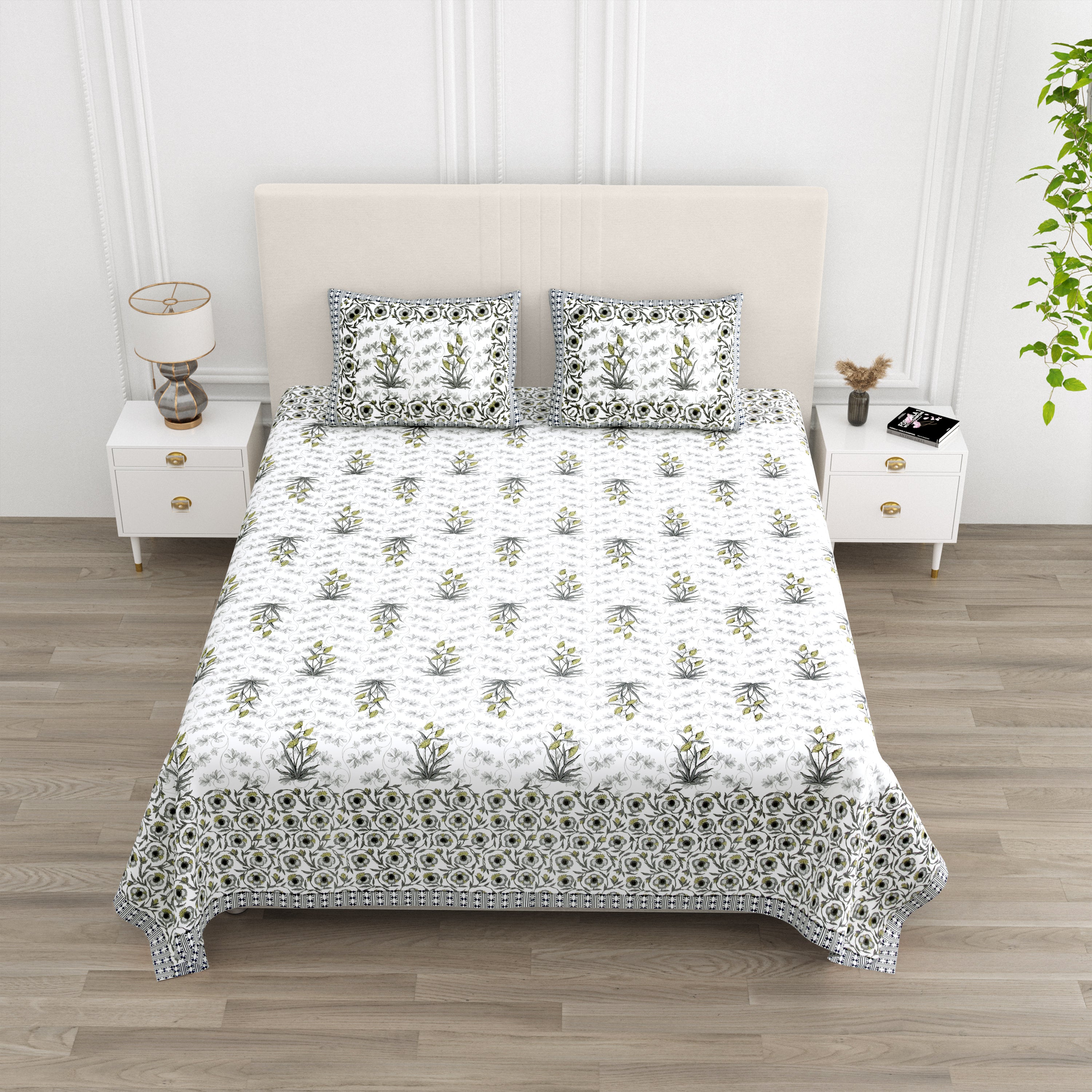Floral Border Cotton King Size Bedsheet - Grey