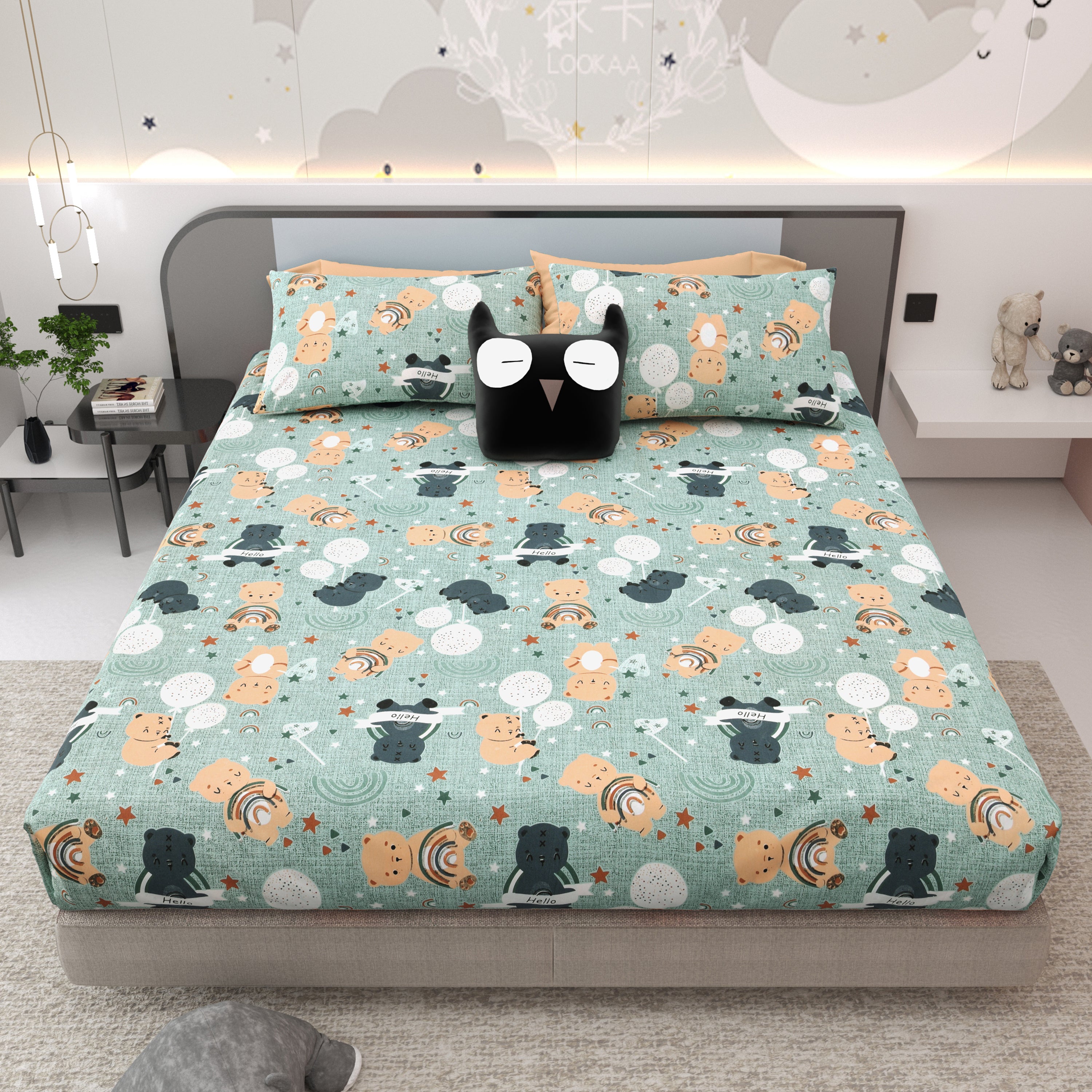Moonlight Bear Hugs Pure Cotton Kids Bedsheet- Light Green