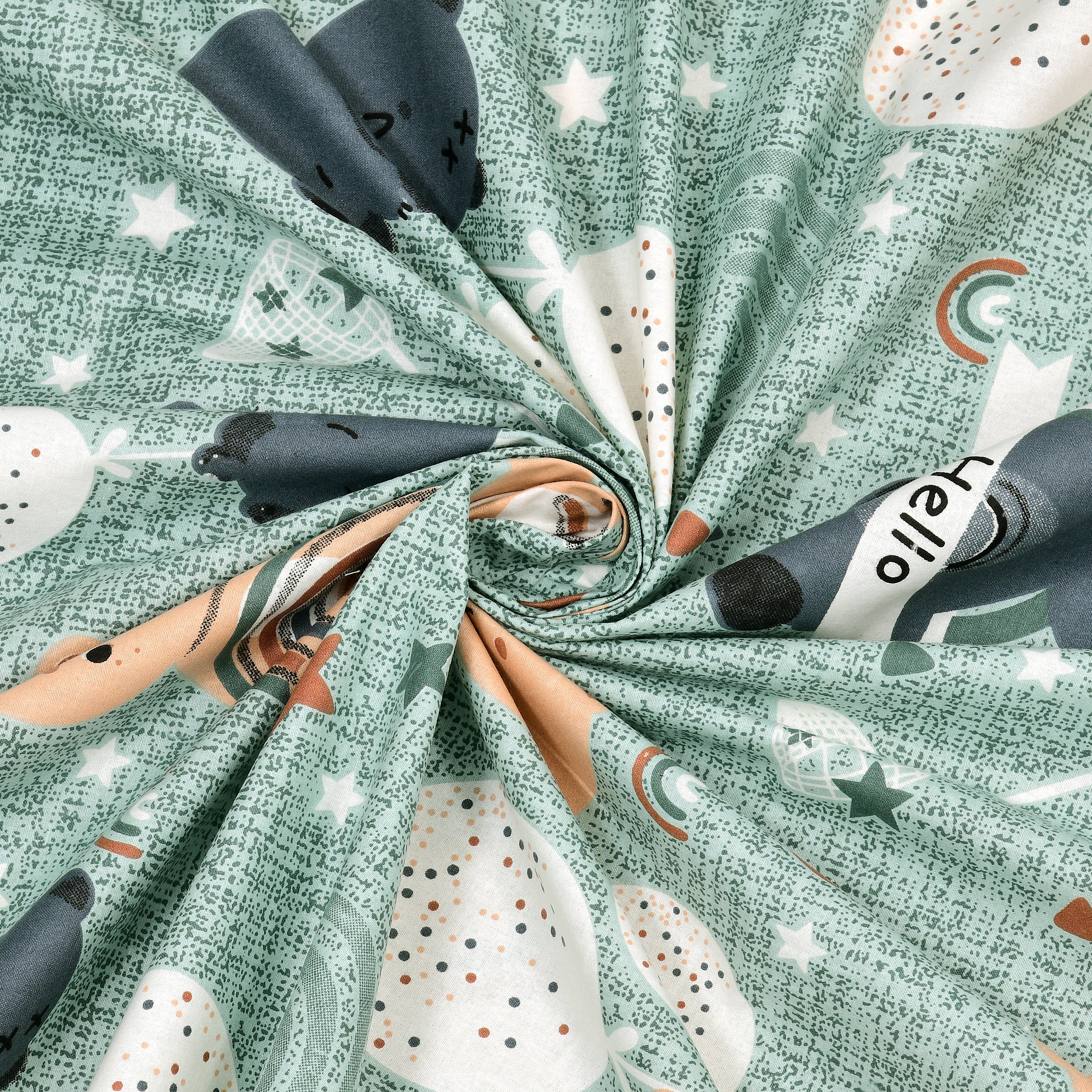 Moonlight Bear Hugs Pure Cotton Kids Bedsheet- Light Green