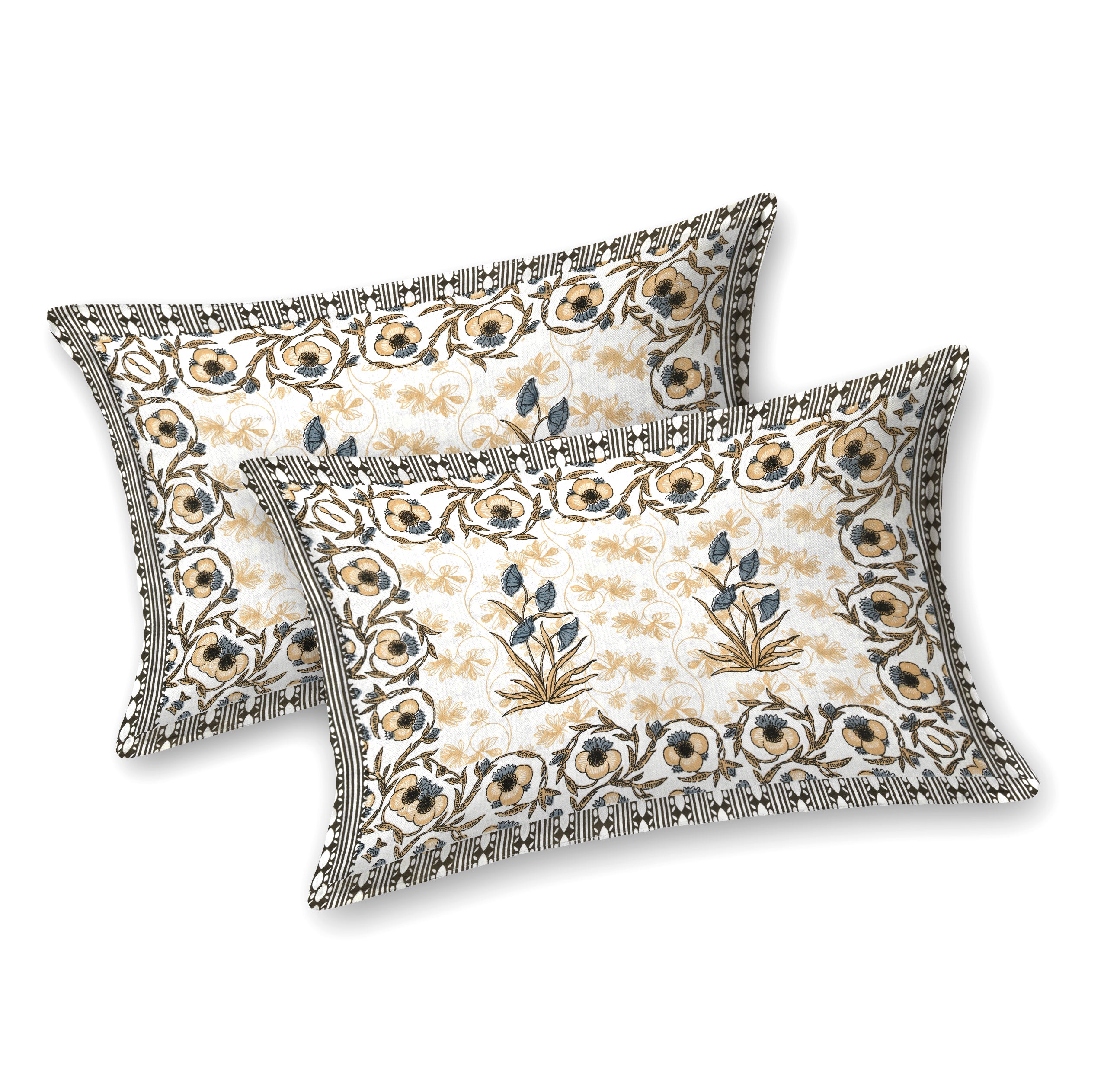 Floral Border Cotton King Size Bedsheet - Dusty Indigo
