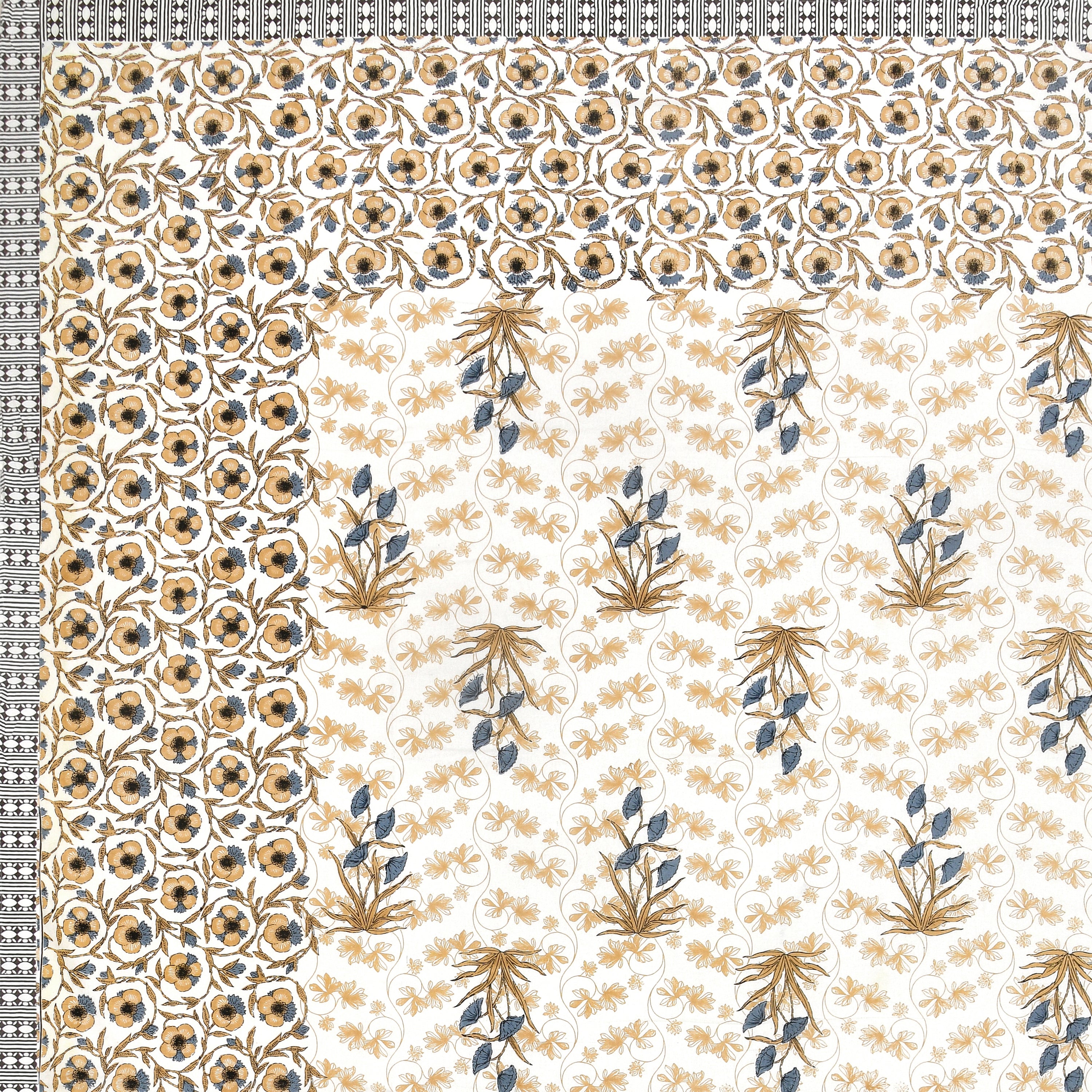 Floral Border Cotton King Size Bedsheet - Dusty Indigo