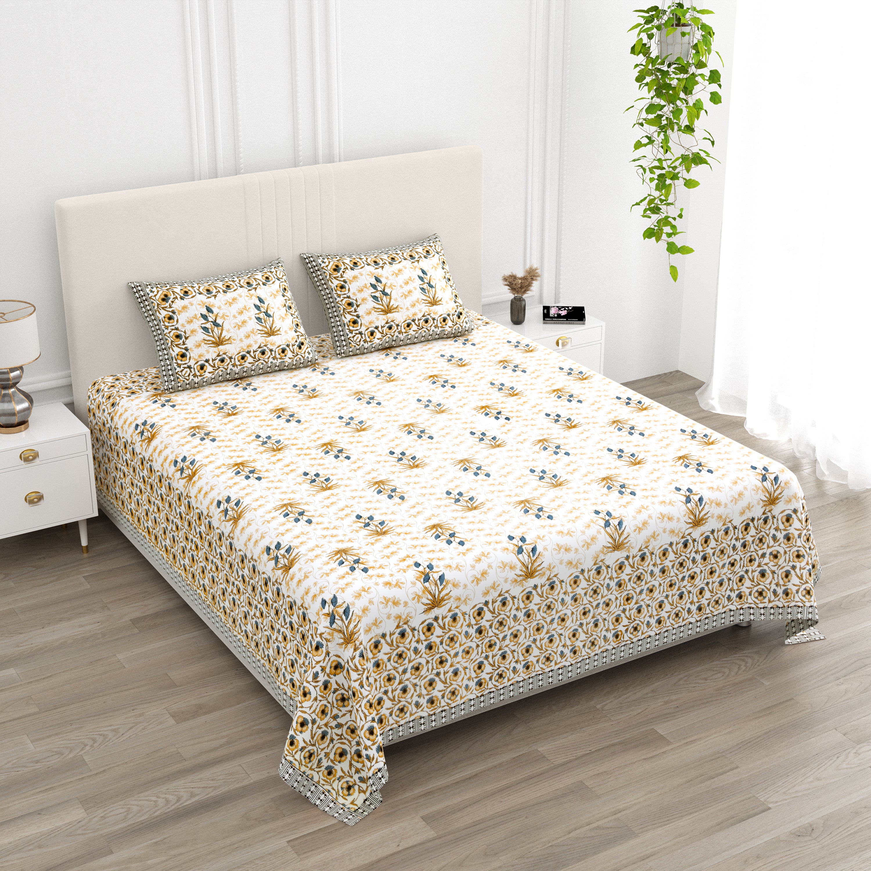 Floral Border Cotton King Size Bedsheet - Dusty Indigo