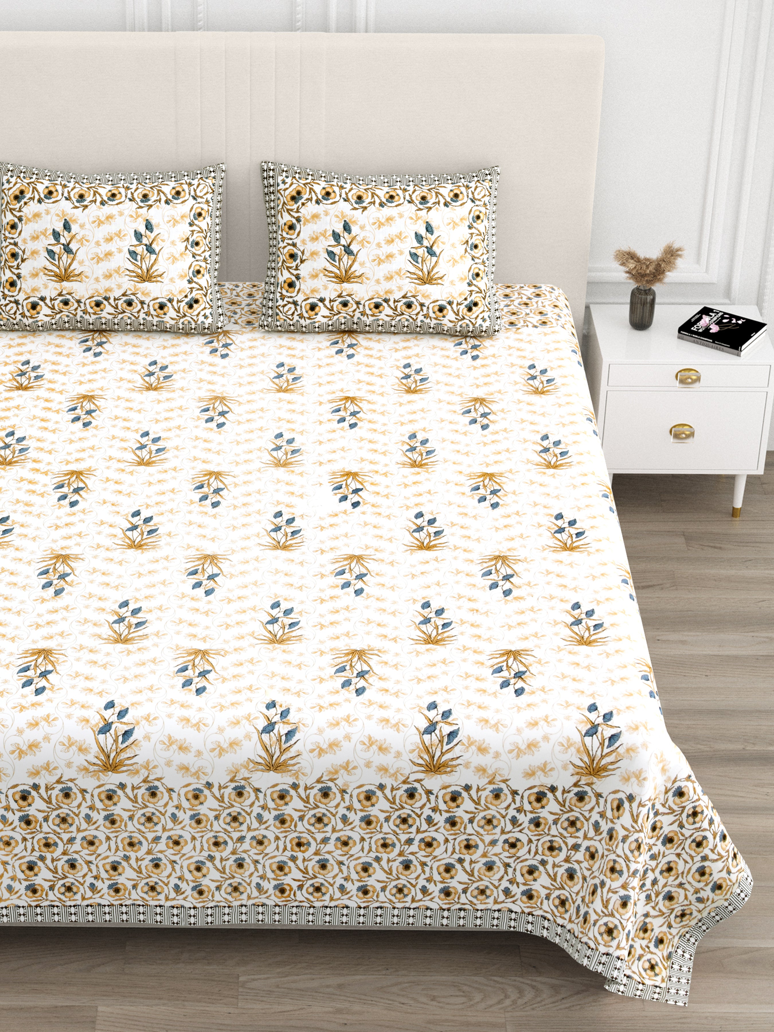 Floral Border Cotton King Size Bedsheet - Dusty Indigo