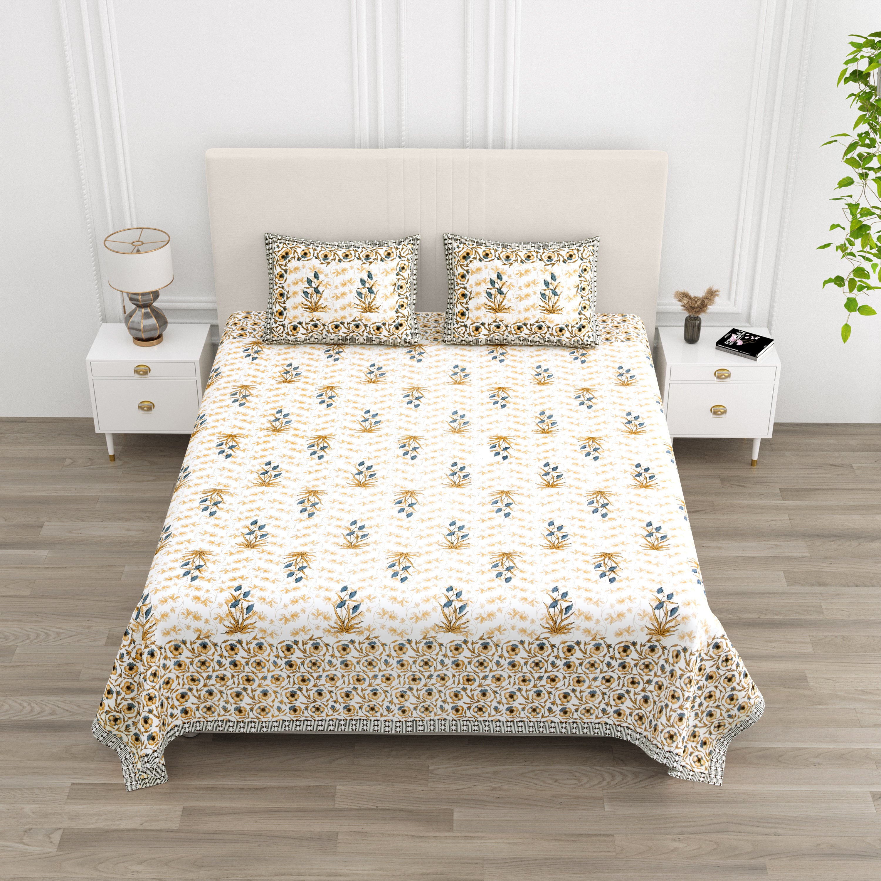 Floral Border Cotton King Size Bedsheet - Dusty Indigo
