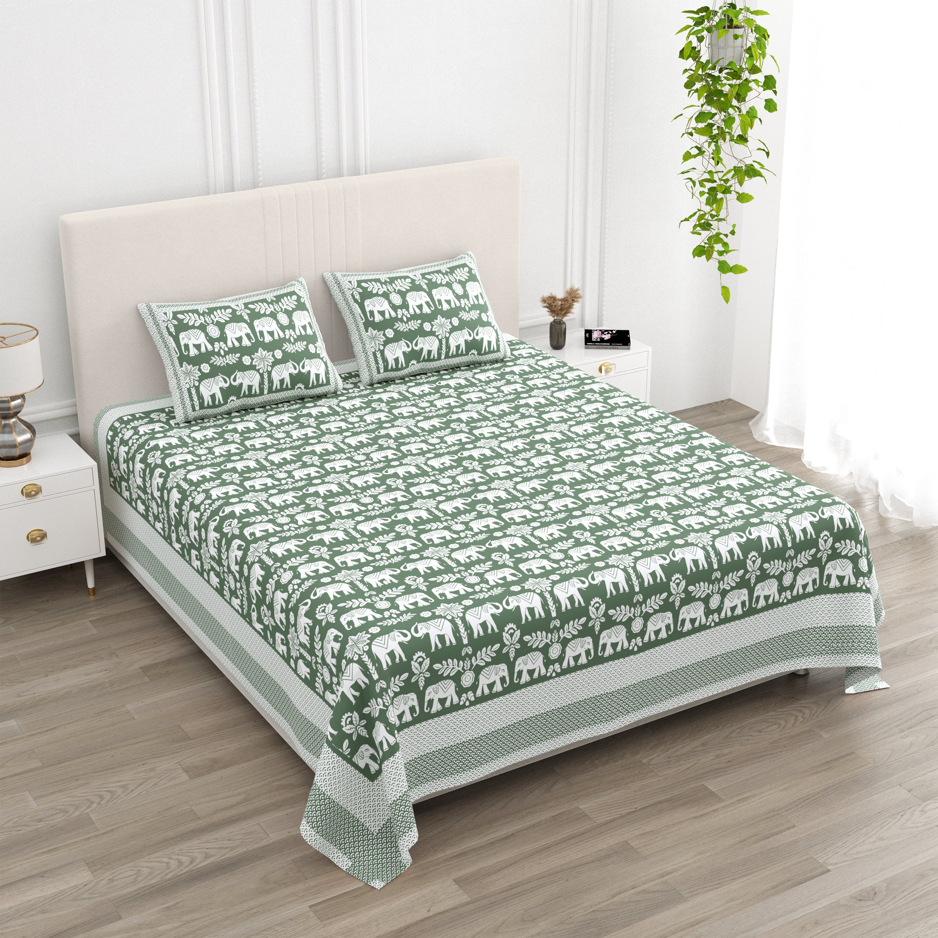 Traditional Elephant Cotton Bedsheet - Olive Green