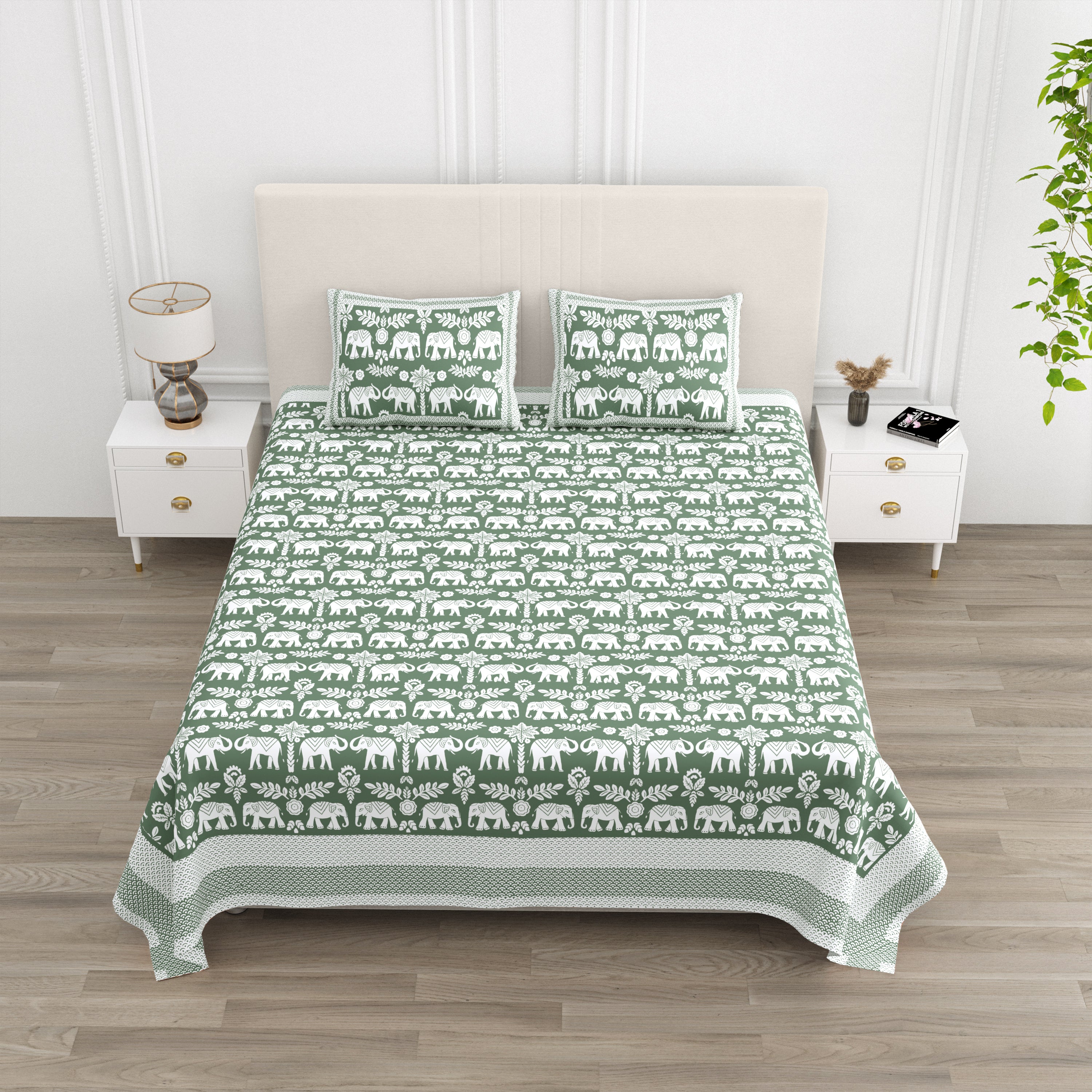 Traditional Elephant Cotton Bedsheet - Olive Green