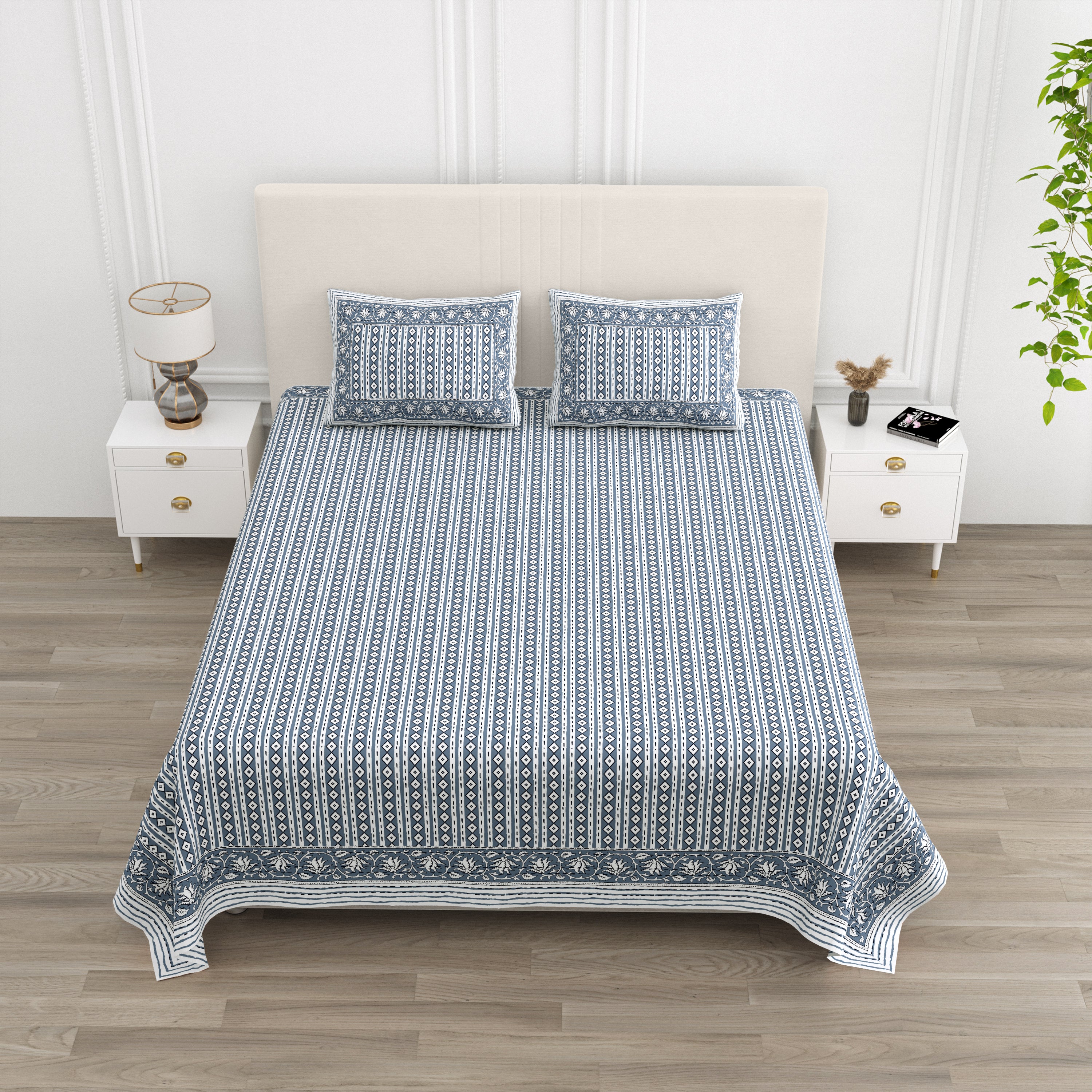Rajasthani Blockprinted Cotton Bedsheet - Ash Grey