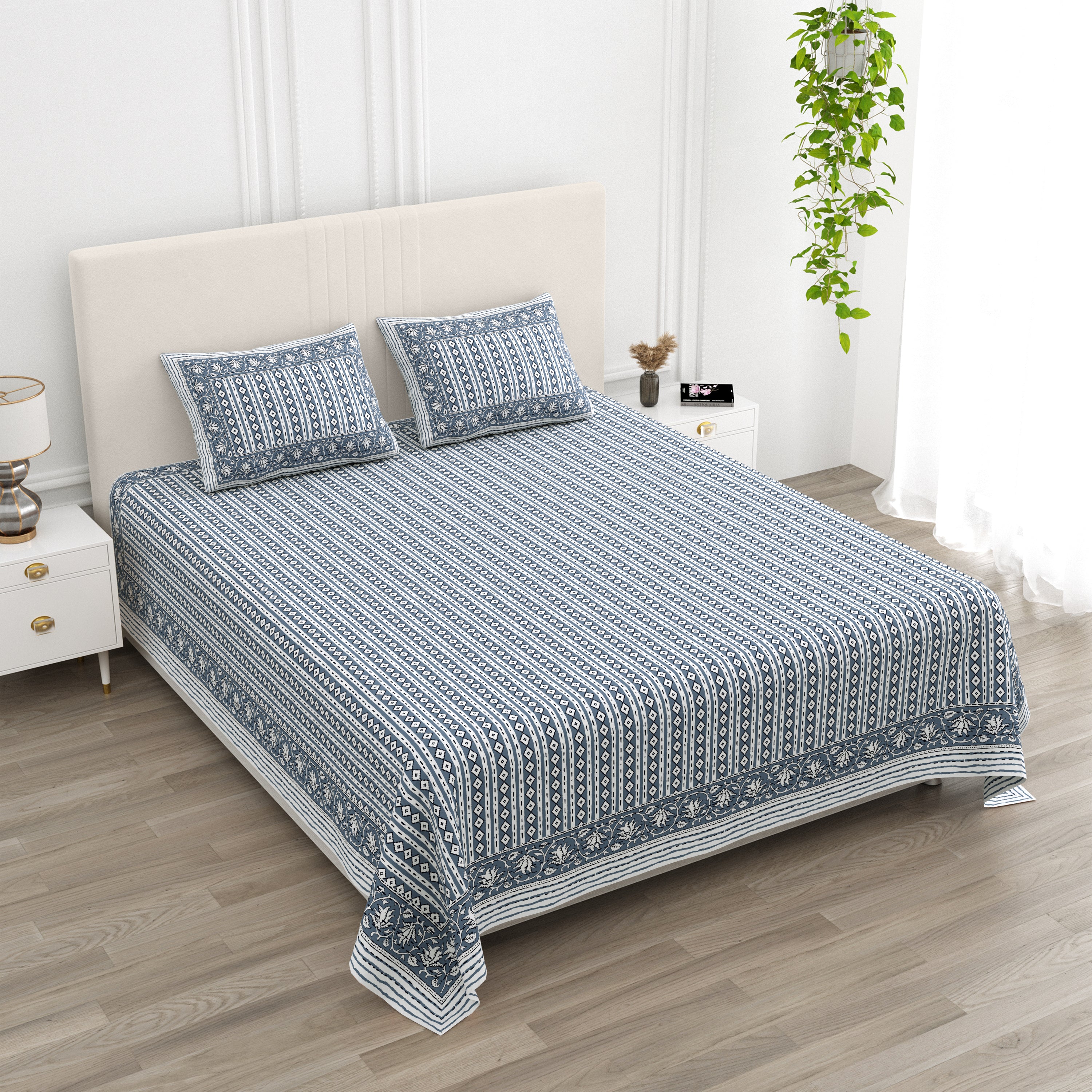 Rajasthani Blockprinted Cotton Bedsheet - Ash Grey