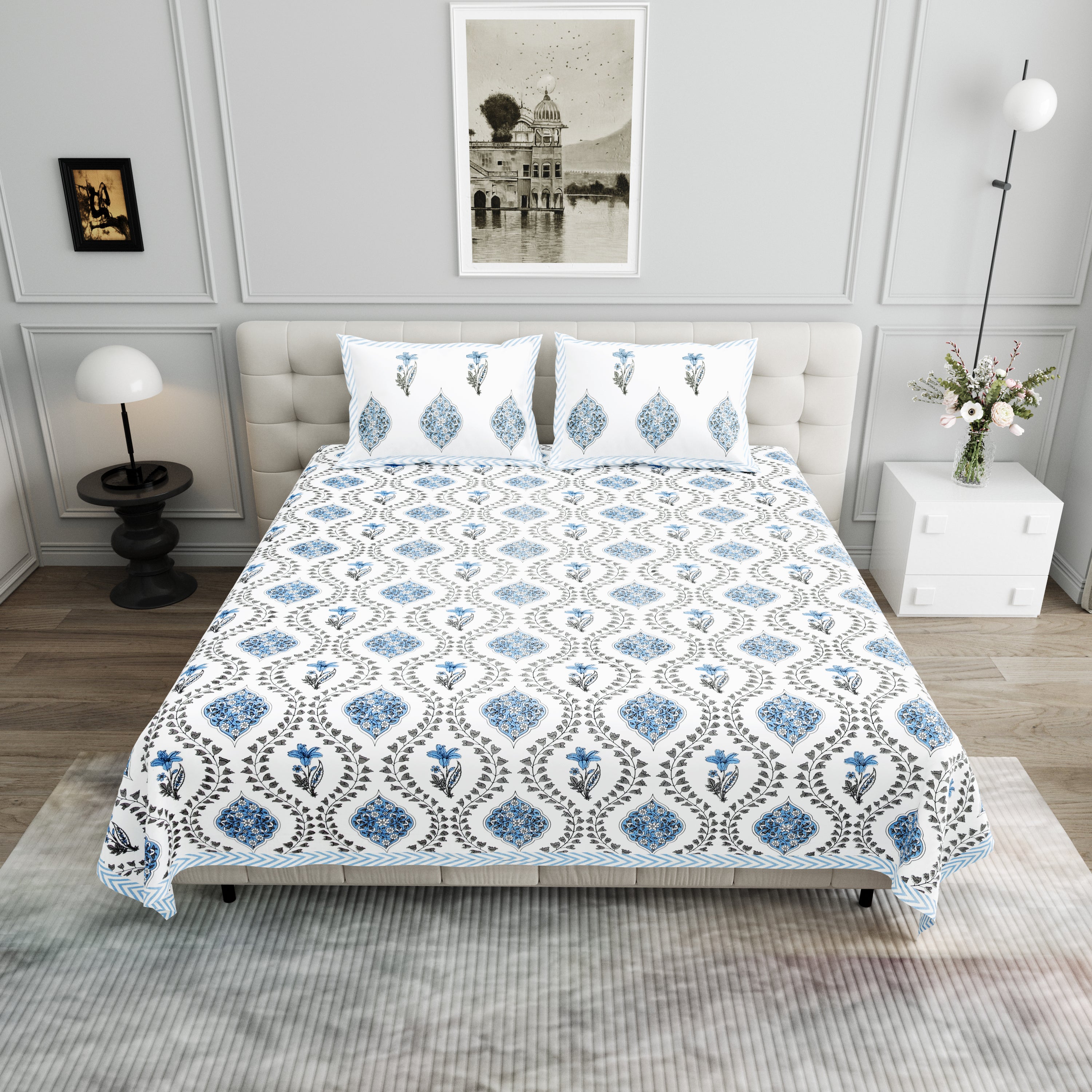 Butta Block Printed Cotton Bedsheet- Blue