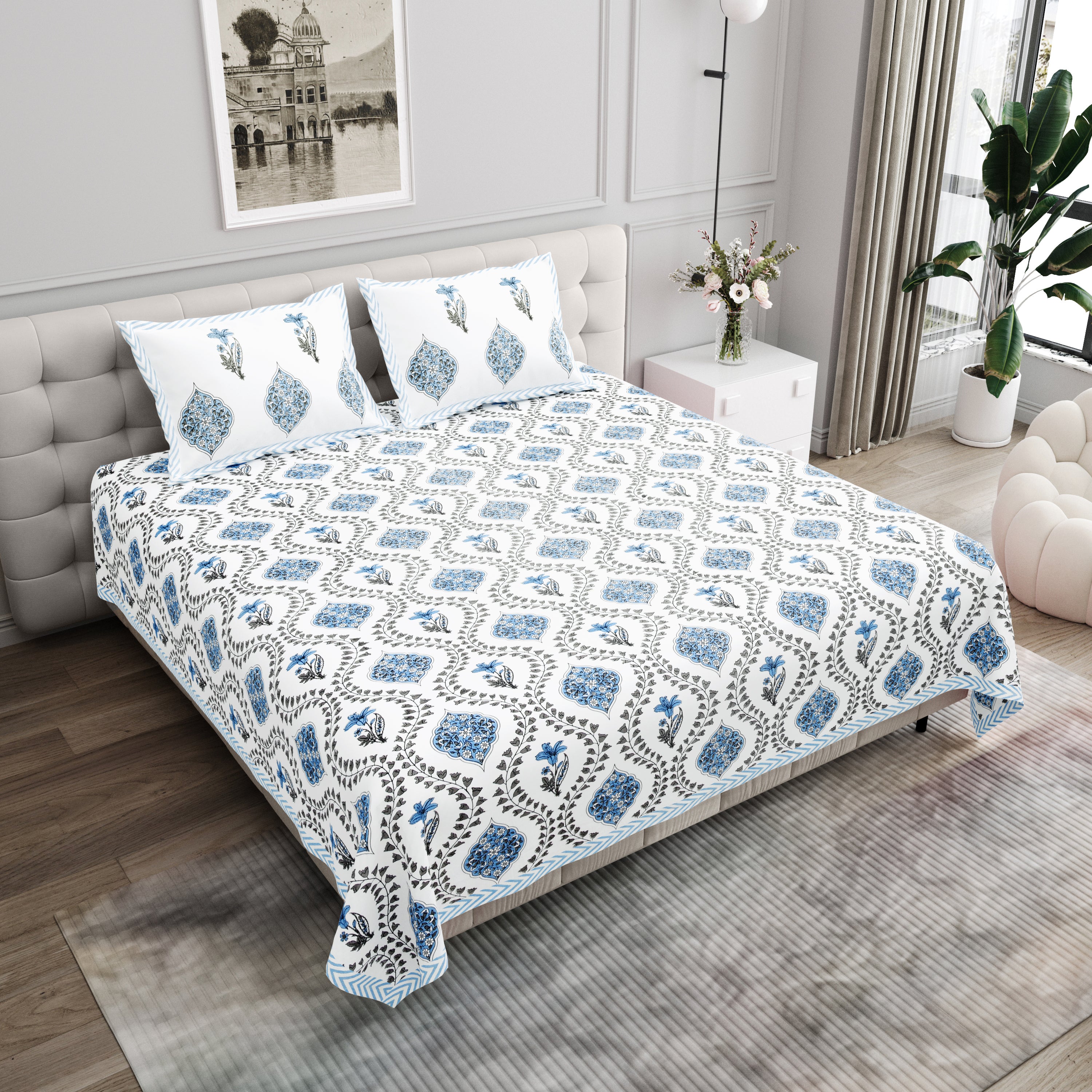 Butta Block Printed Cotton Bedsheet- Blue