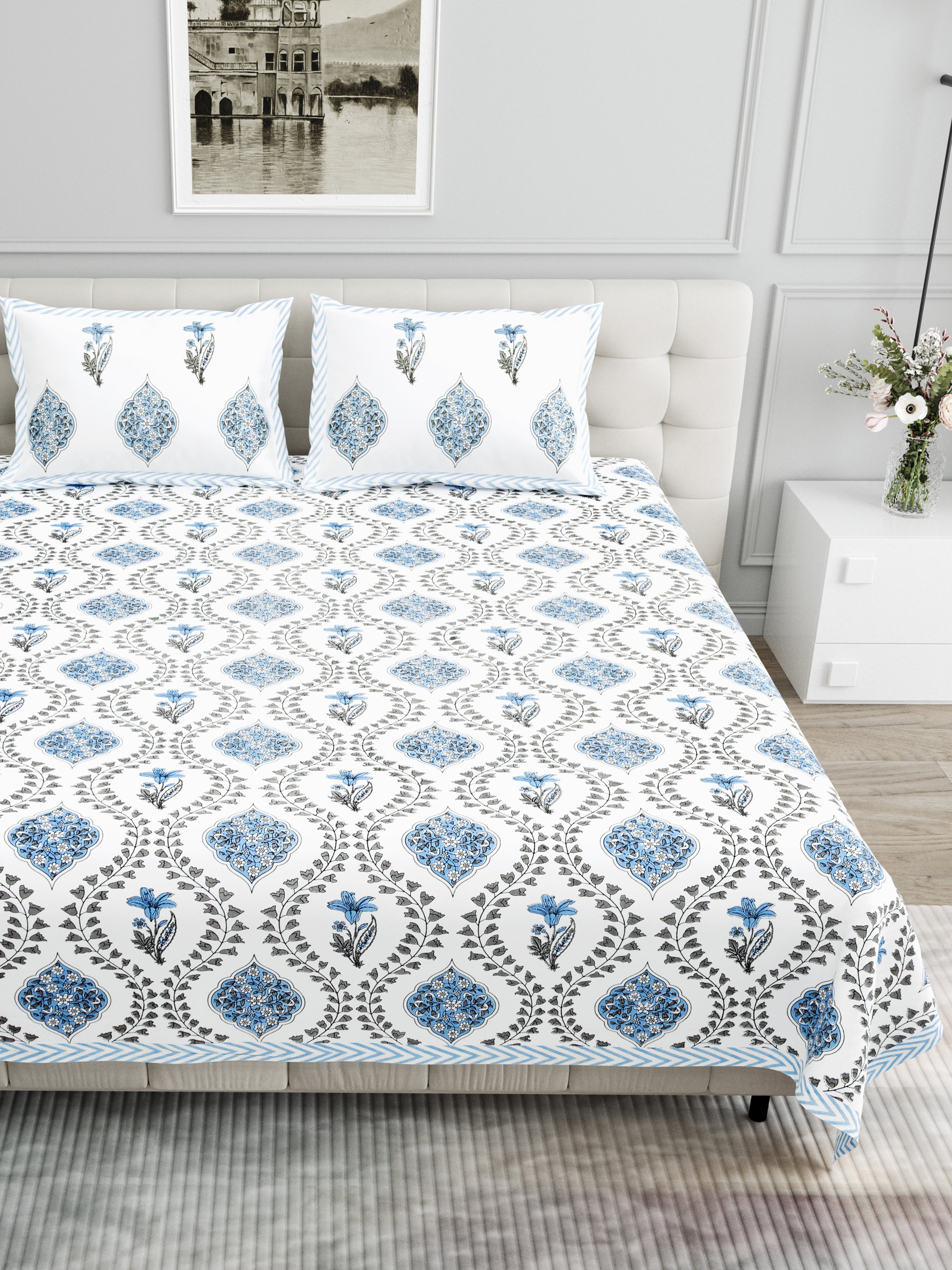 Butta Block Printed Cotton Bedsheet- Blue