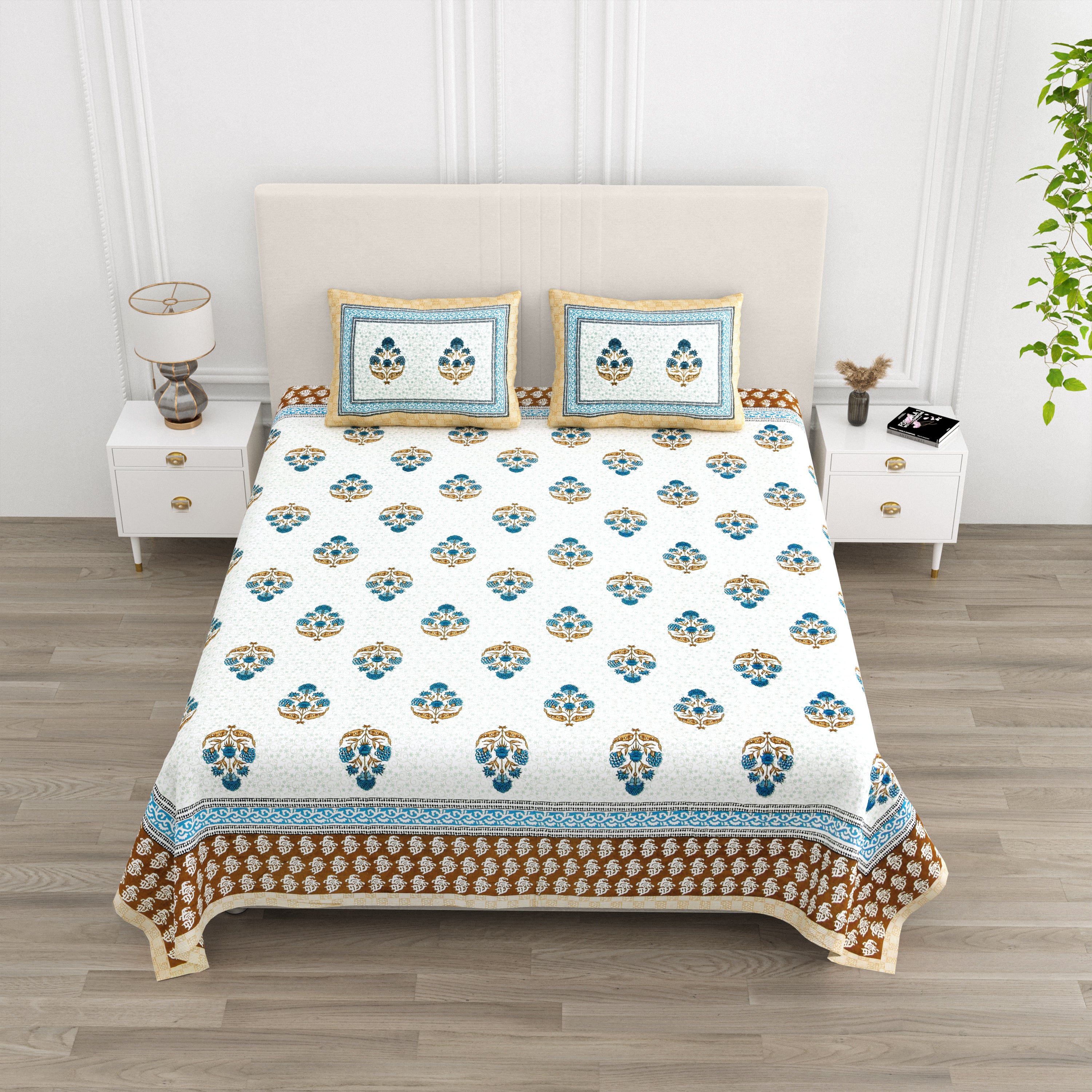 Floral Bouquets Cotton King Size Bedsheet - Indigo
