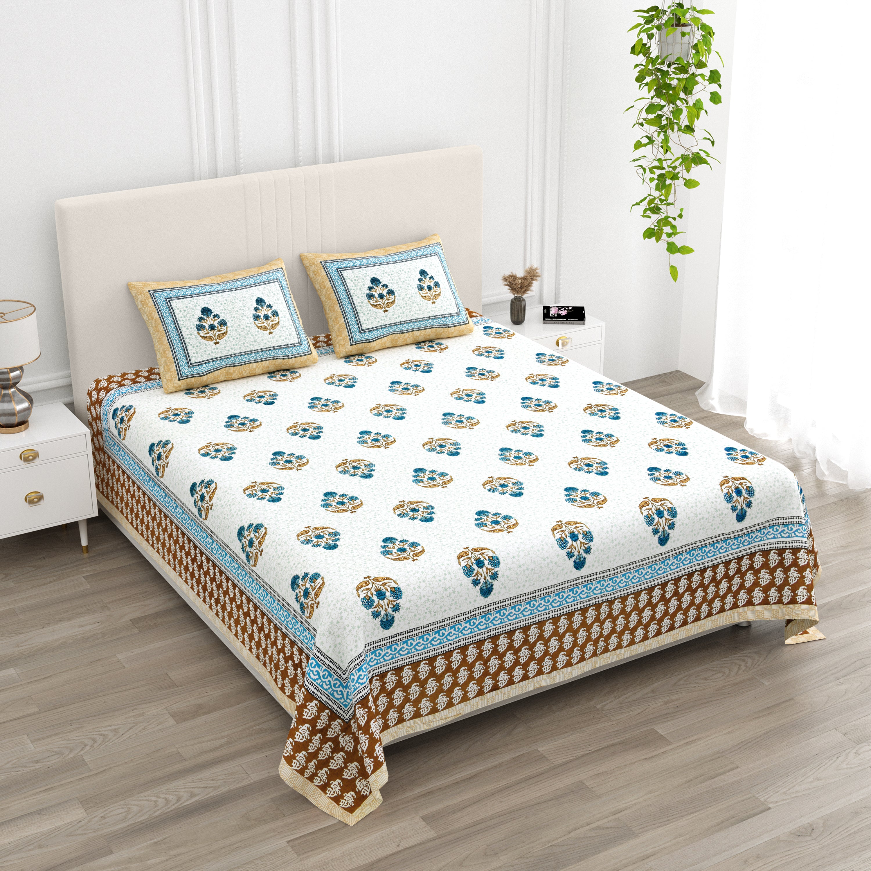 Floral Bouquets Cotton King Size Bedsheet - Indigo