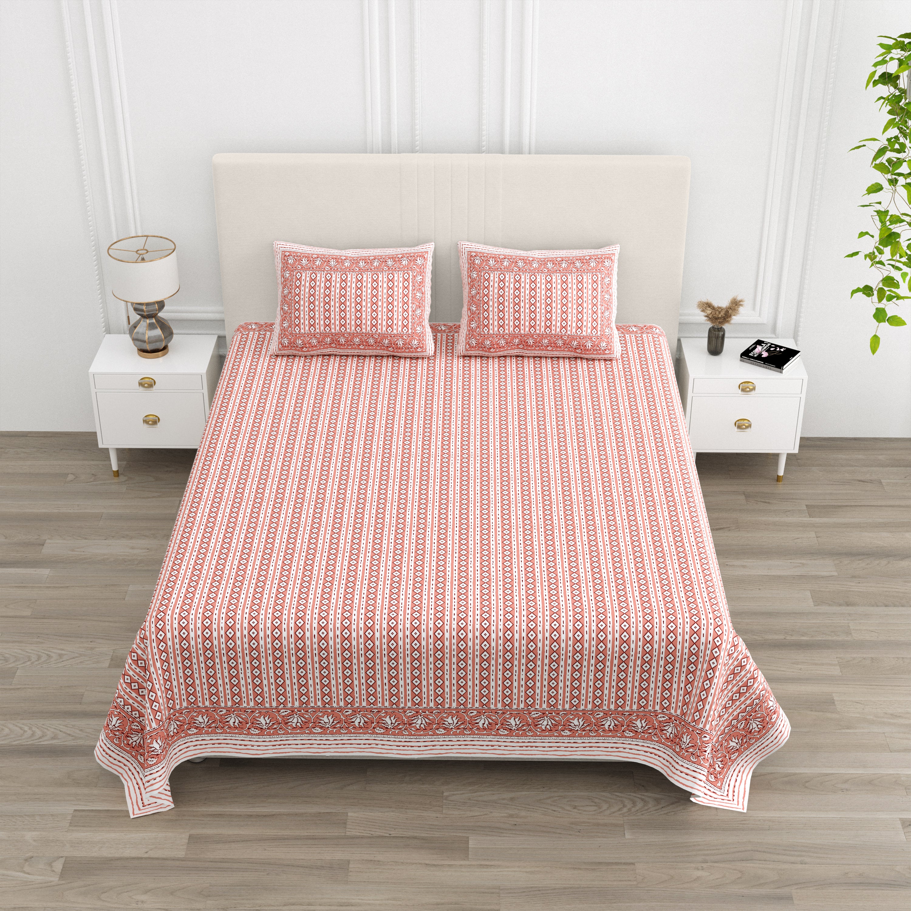 Rajasthani Blockprinted Cotton Bedsheet - Terracotta Pink