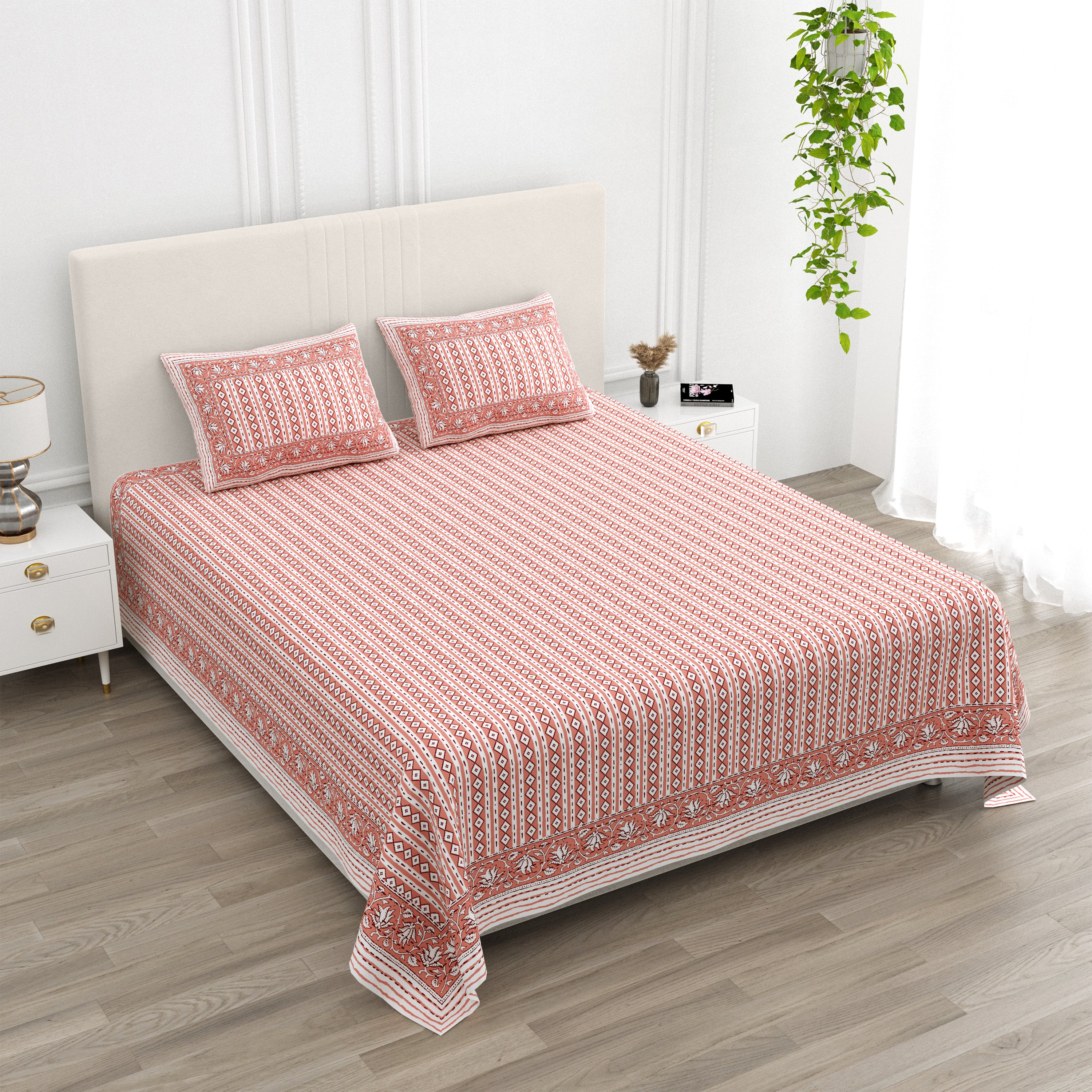 Rajasthani Blockprinted Cotton Bedsheet - Terracotta Pink