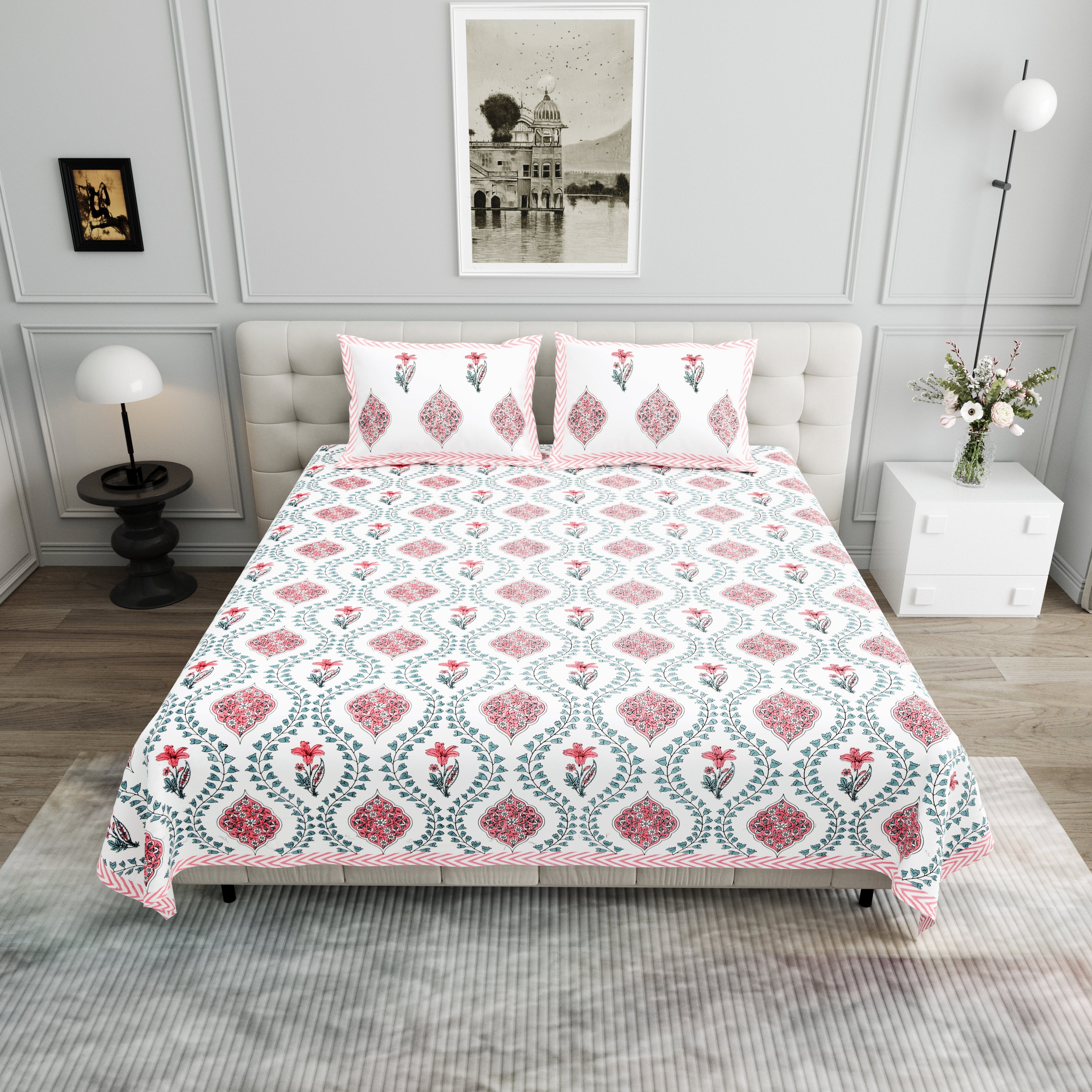 Butta Block Printed Cotton Bedsheet- Pink