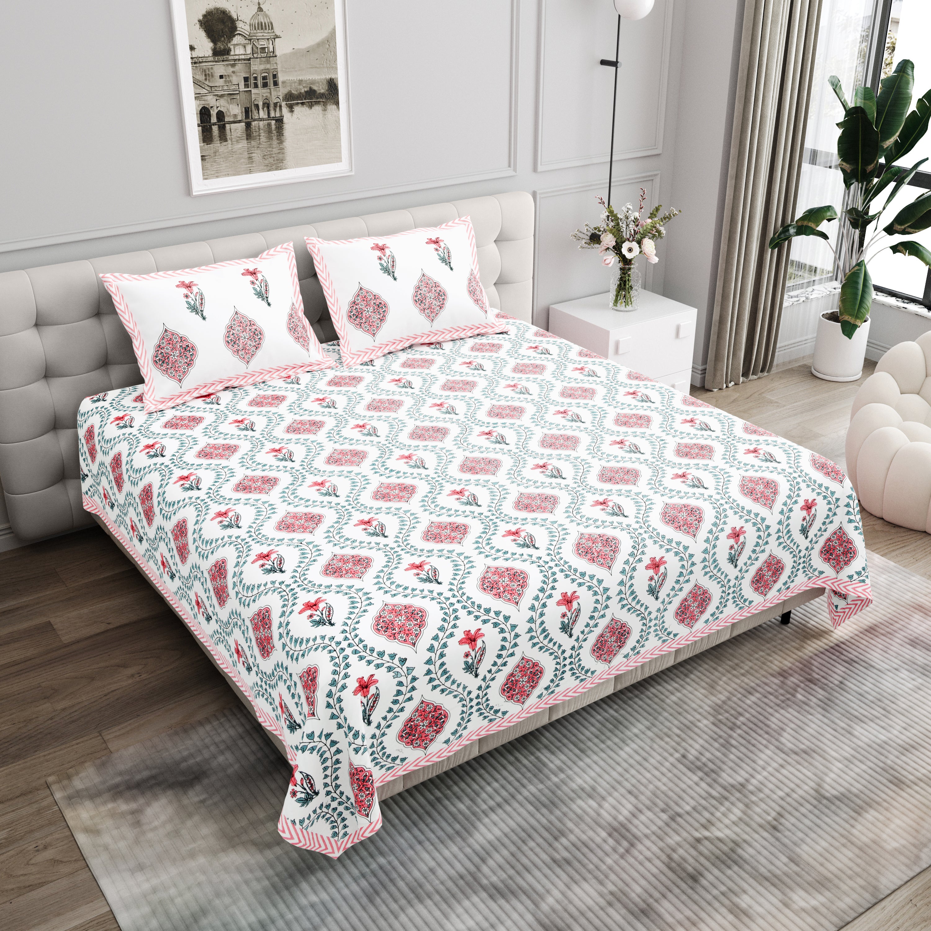Butta Block Printed Cotton Bedsheet- Pink