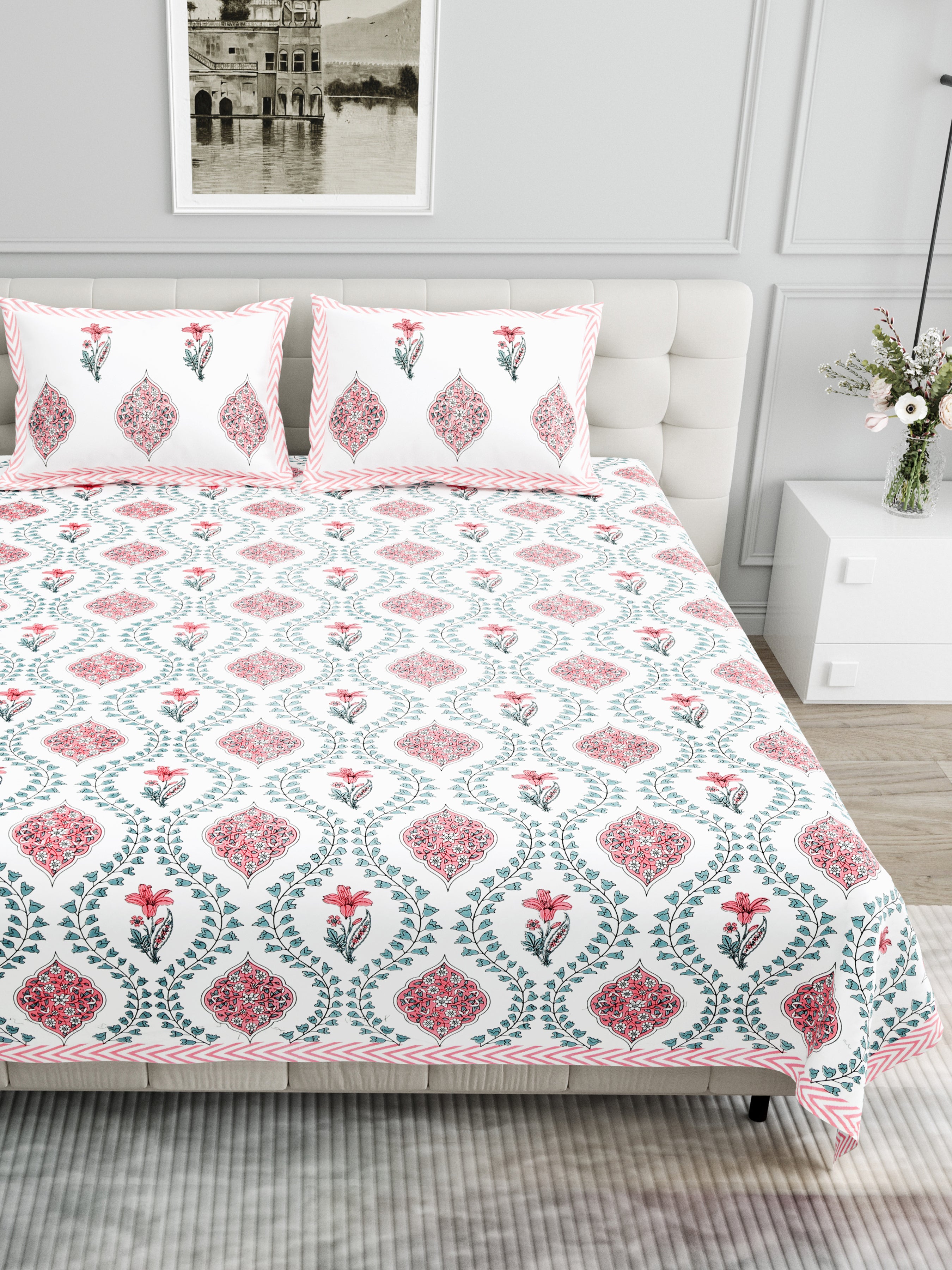 Butta Block Printed Cotton Bedsheet- Pink