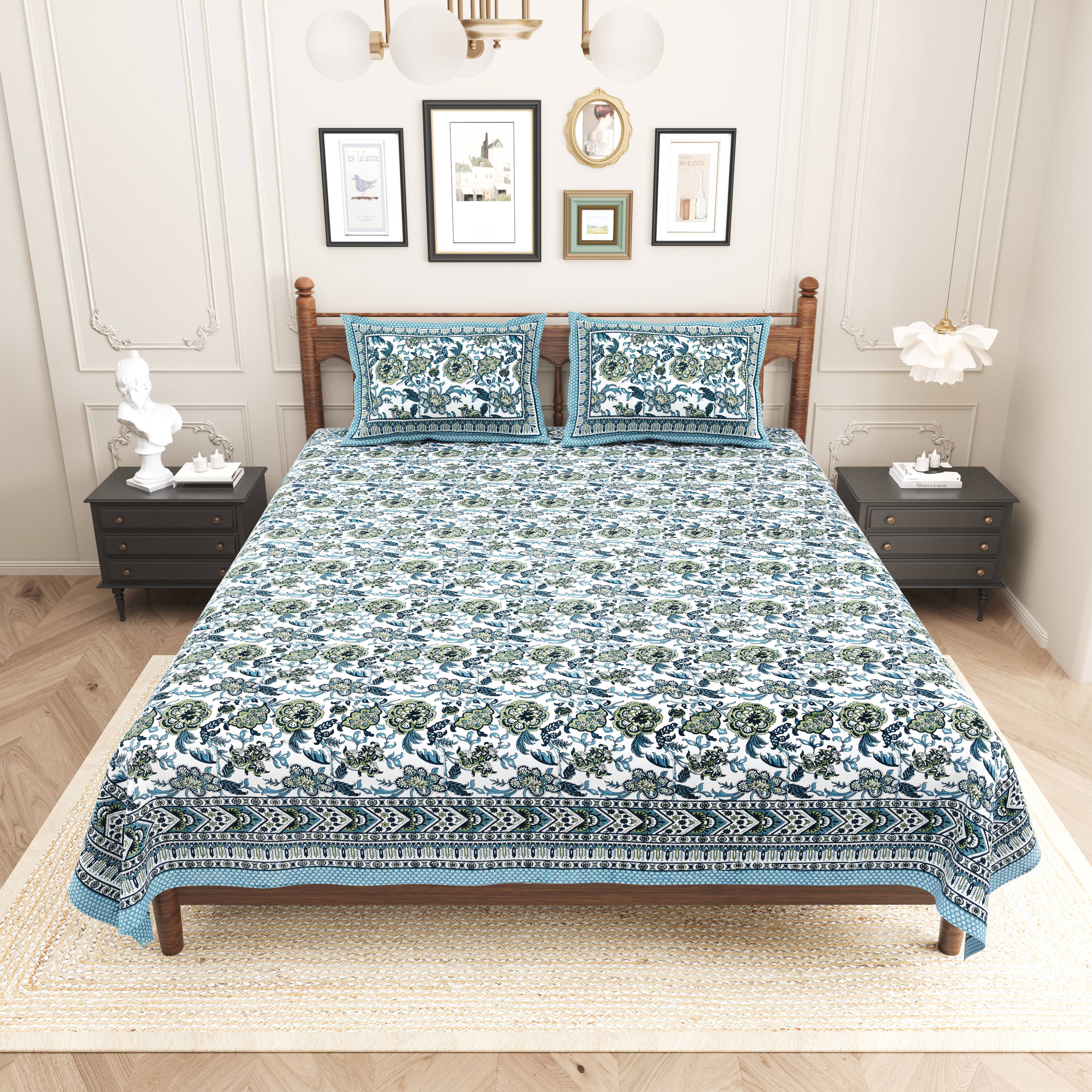 Floral Printed Pure Cotton Bedsheet - Blue