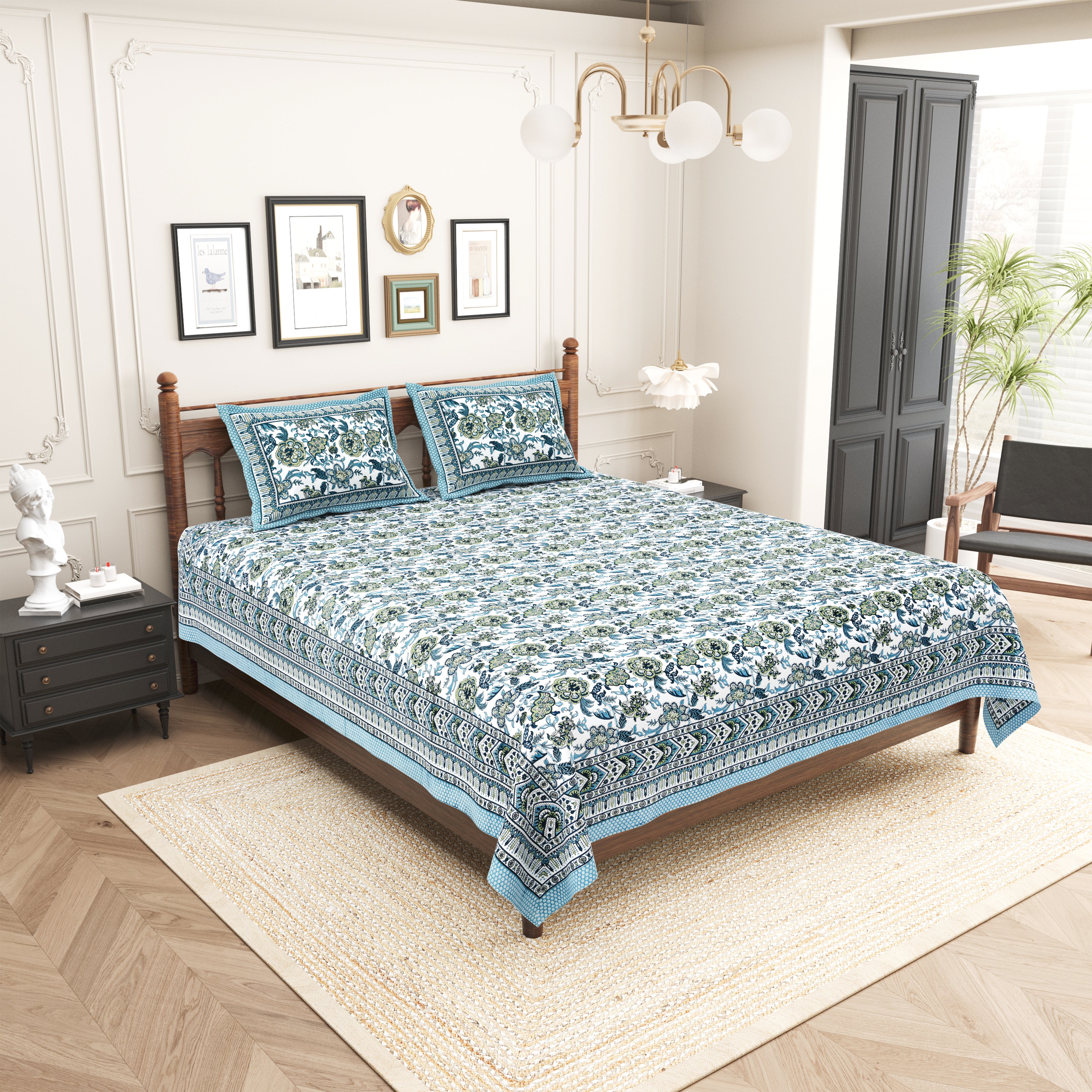 Floral Printed Pure Cotton Bedsheet - Blue