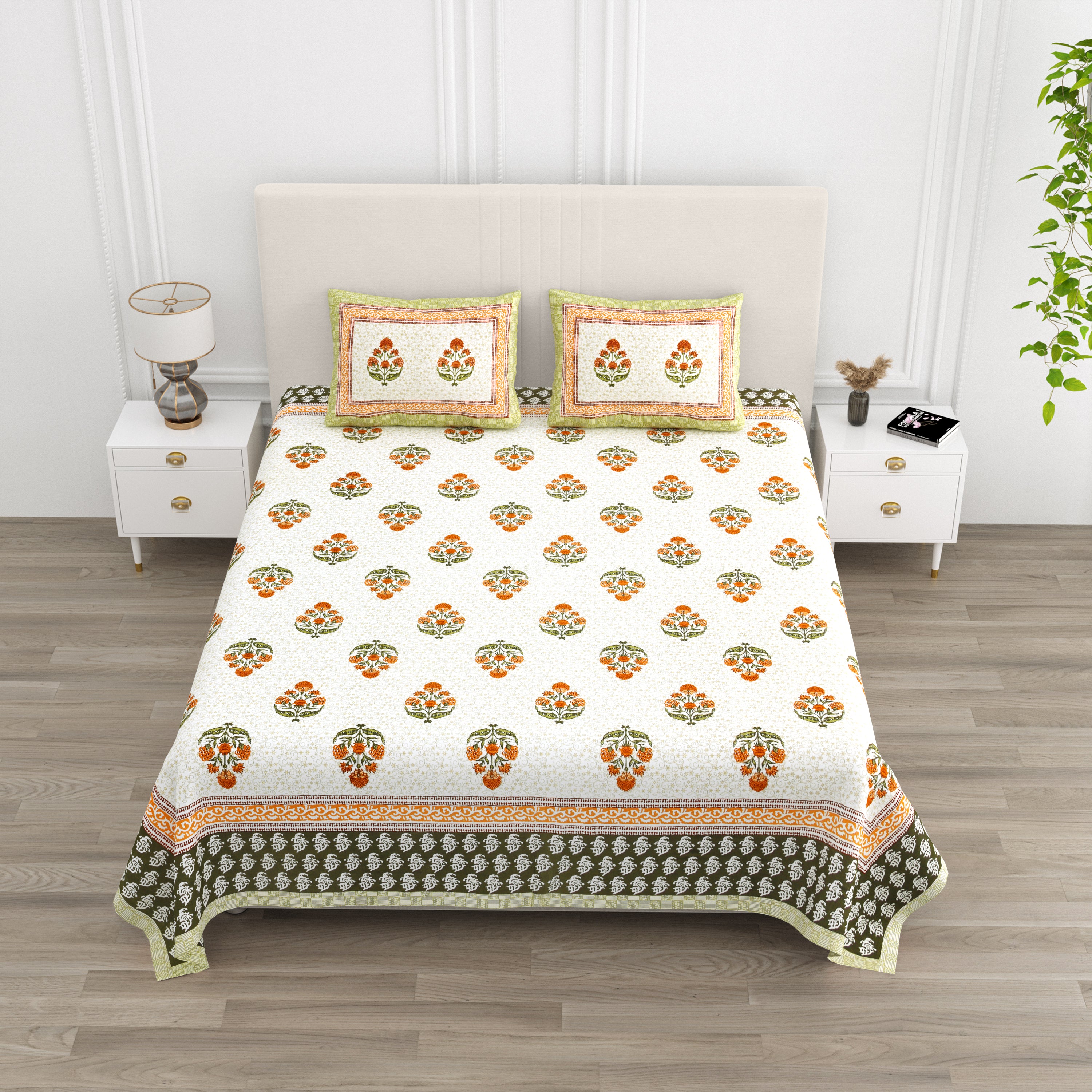 Floral Bouquets Cotton King Size Bedsheet - Marigold
