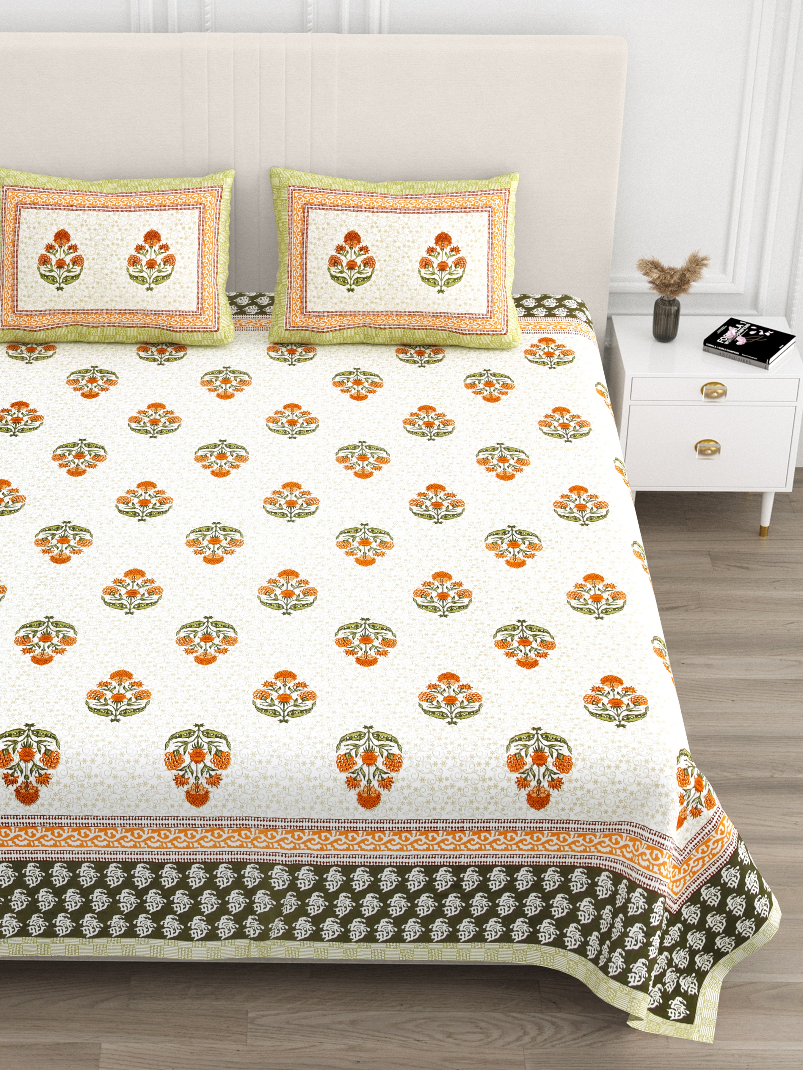 Floral Bouquets Cotton King Size Bedsheet - Marigold