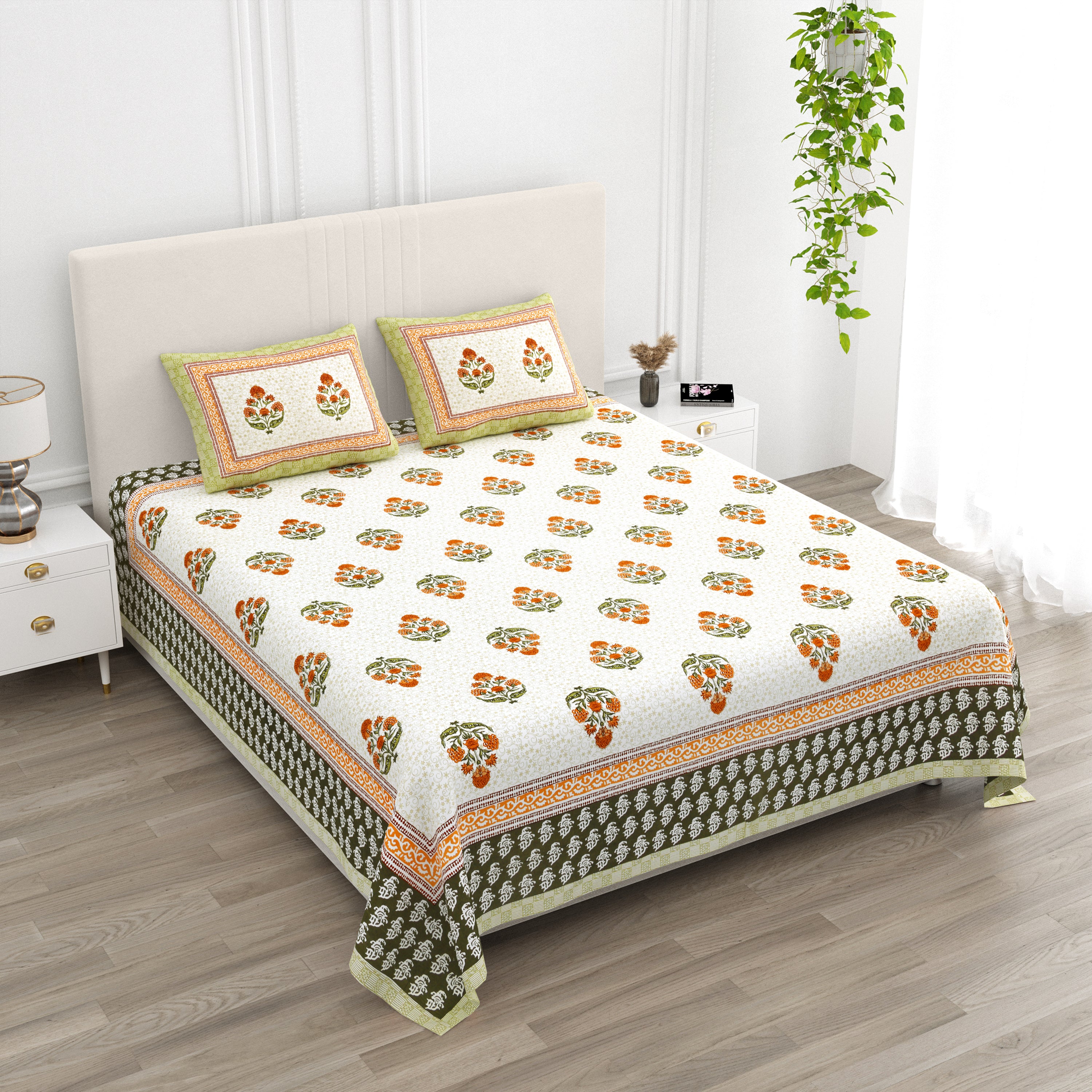 Floral Bouquets Cotton King Size Bedsheet - Marigold