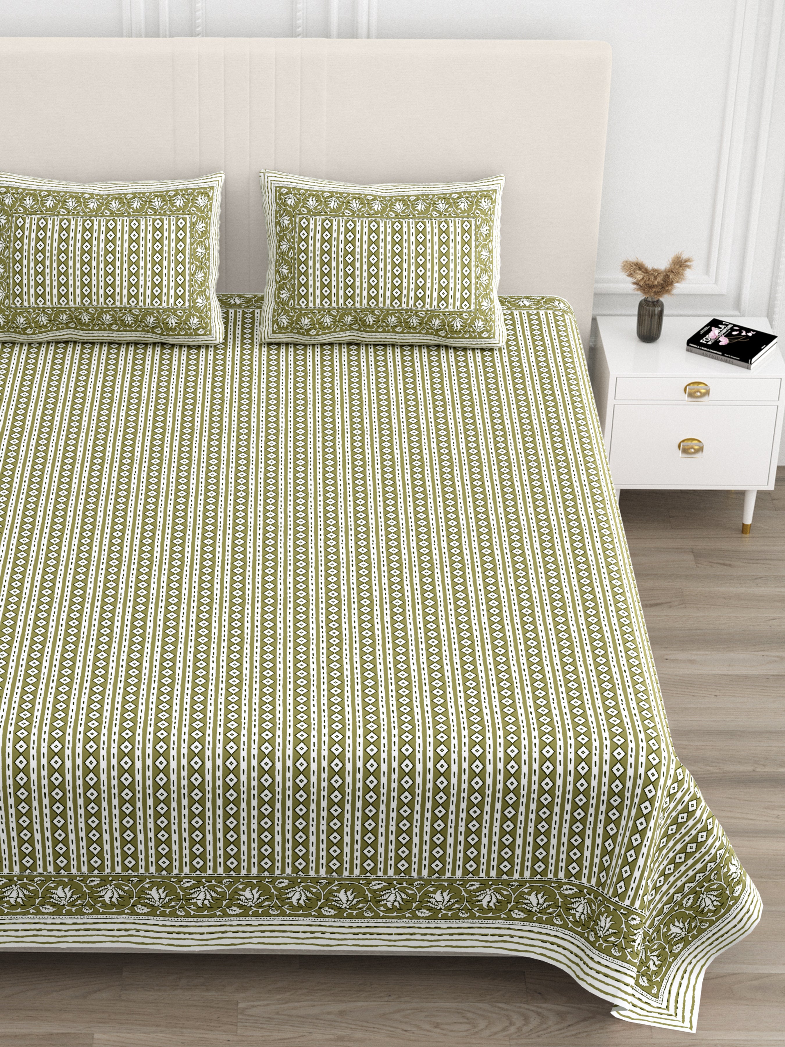 Rajasthani Blockprinted Cotton Bedsheet - Mustard Olive