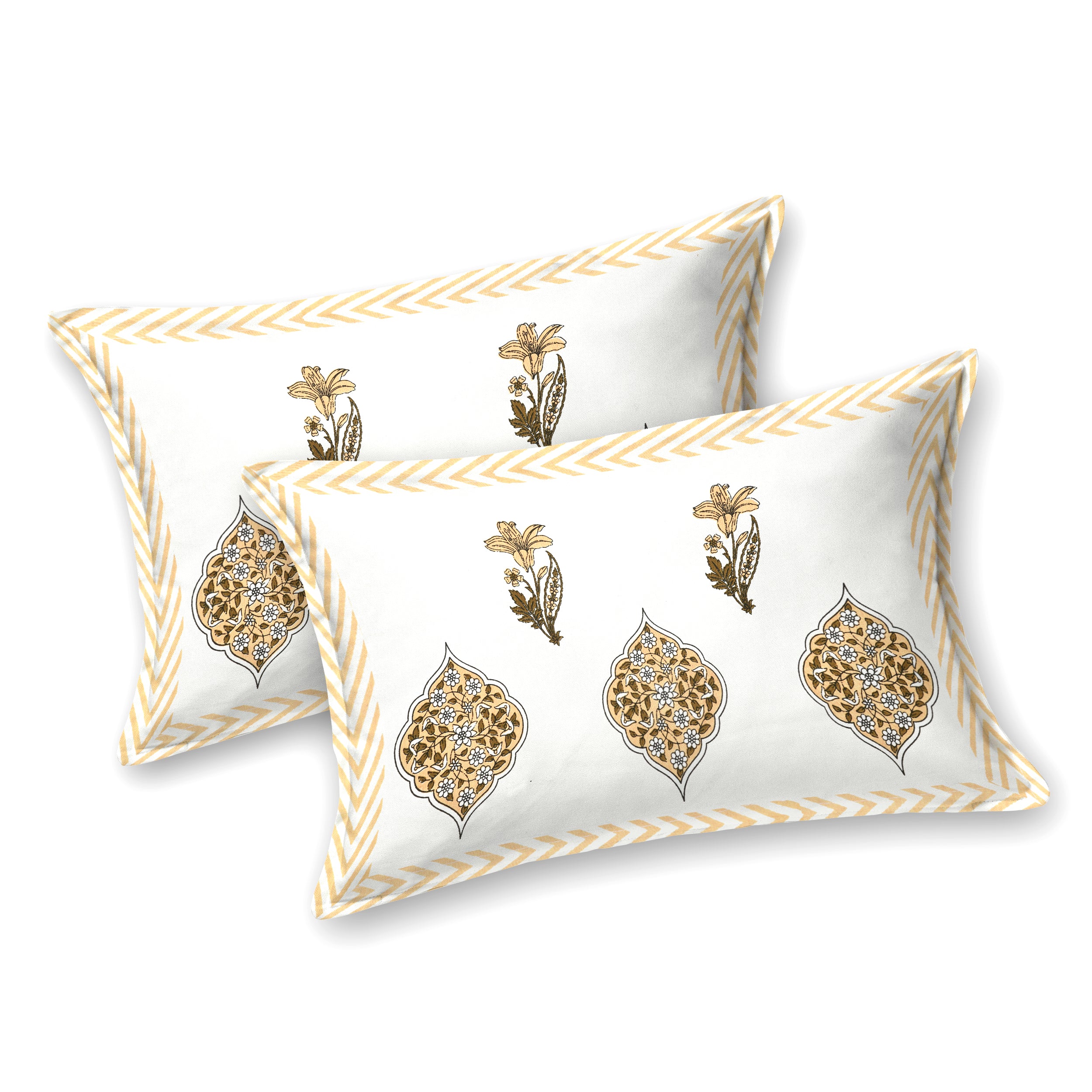 Butta Block Printed Cotton Bedsheet- White & Yellow