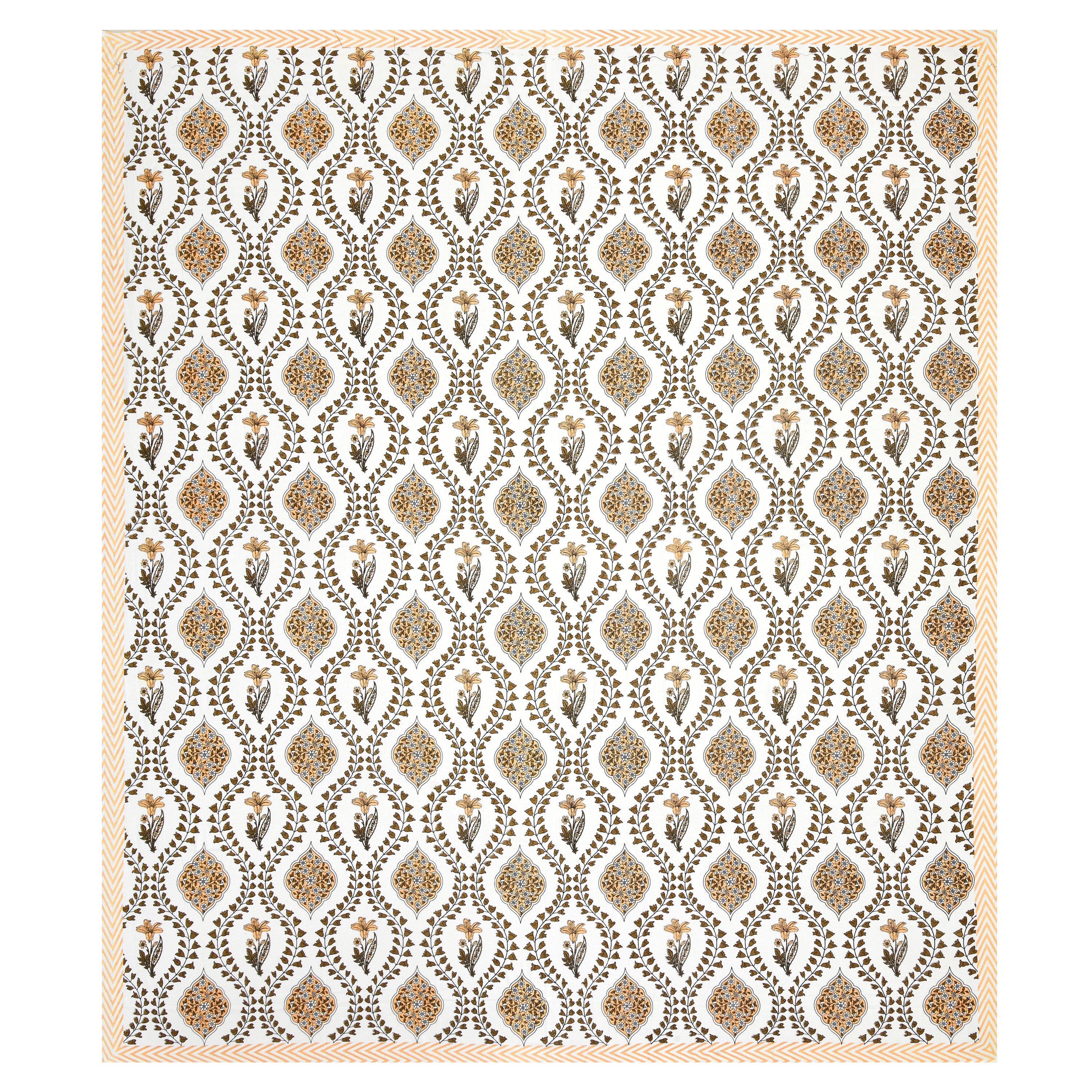 Butta Block Printed Cotton Bedsheet- White & Yellow