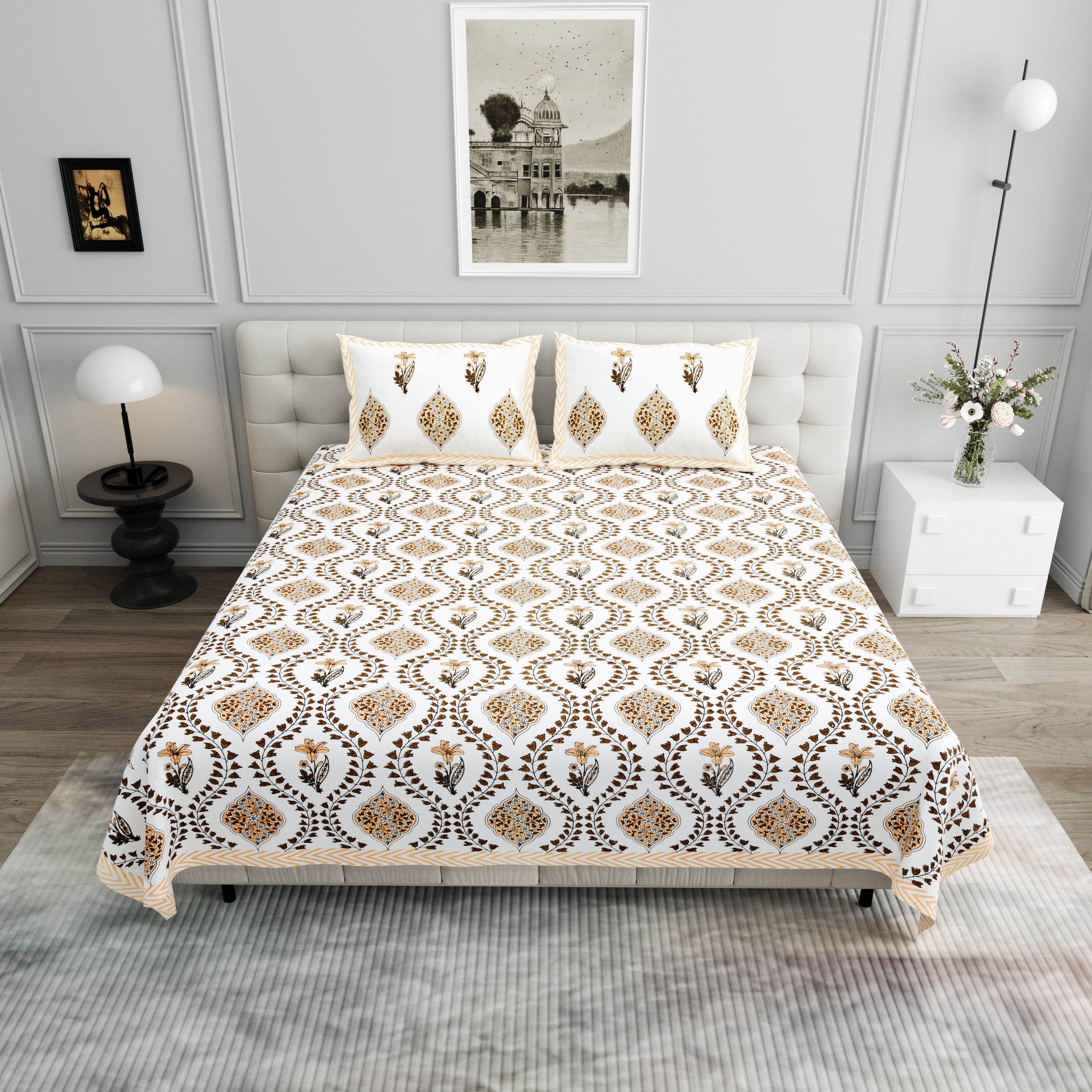 Butta Block Printed Cotton Bedsheet- White & Yellow