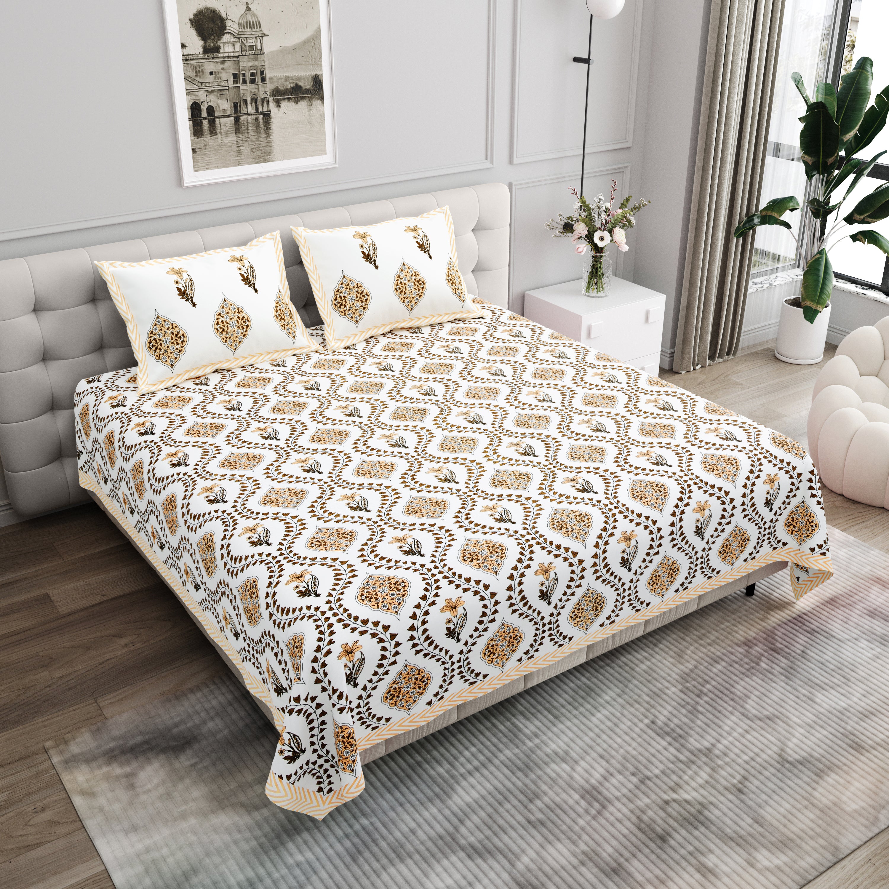 Butta Block Printed Cotton Bedsheet- White & Yellow