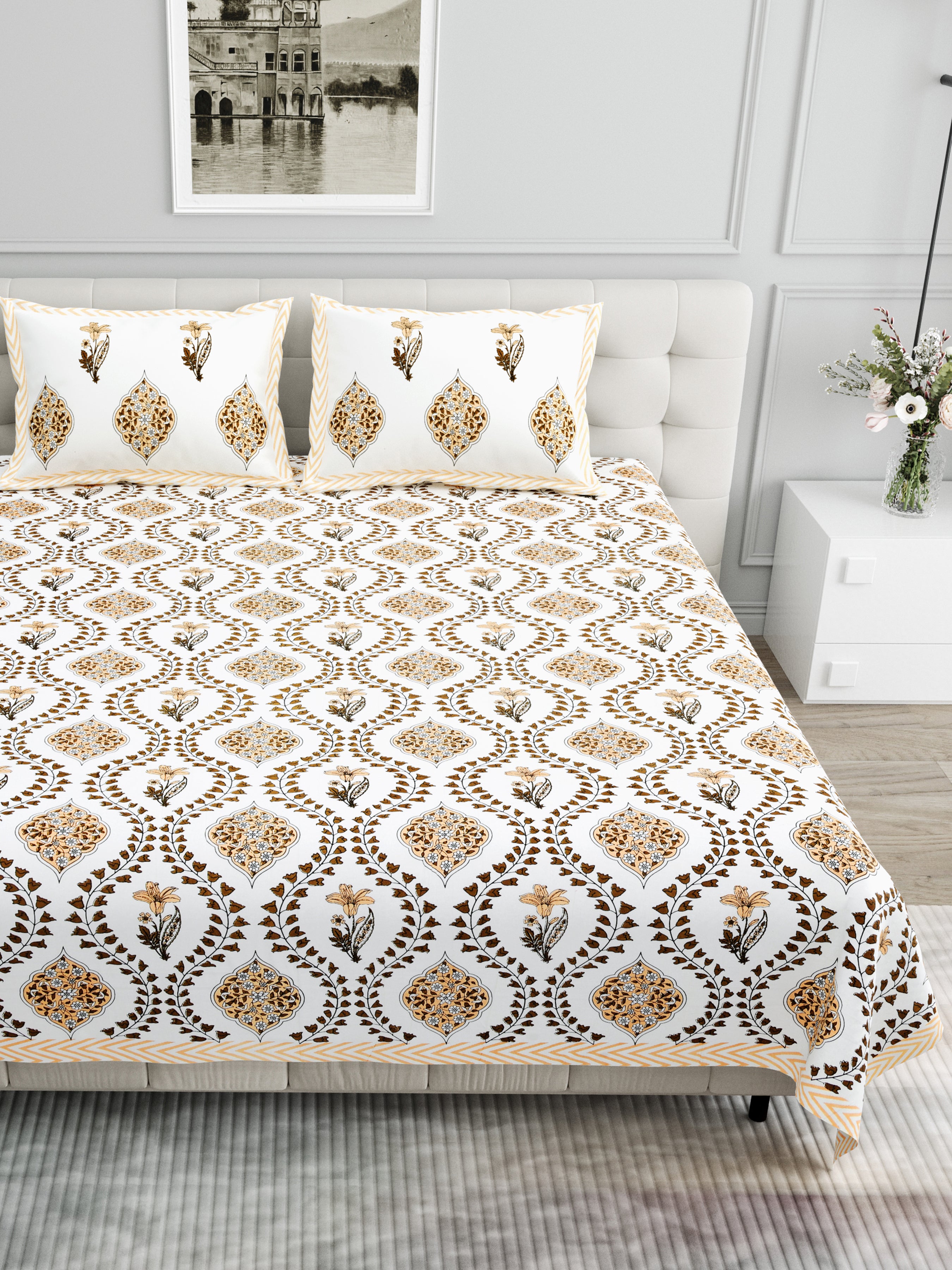 Butta Block Printed Cotton Bedsheet- White & Yellow