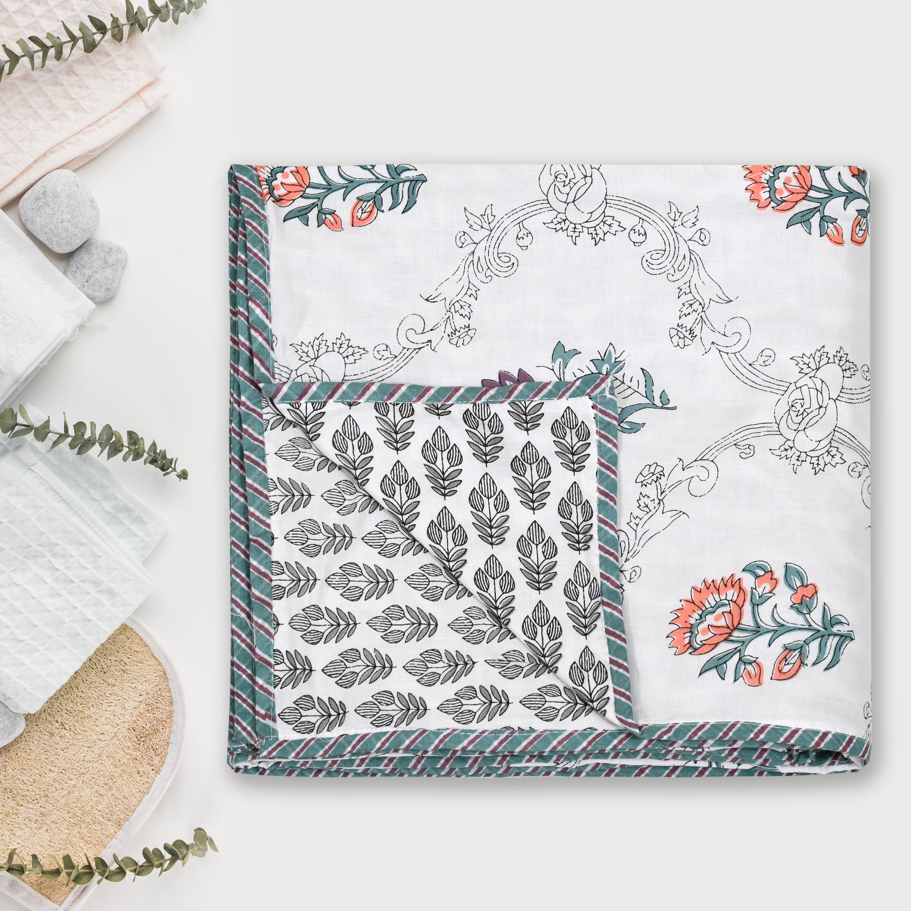 Botanical Calm Dohar Printable & Reversible - Orange Floral