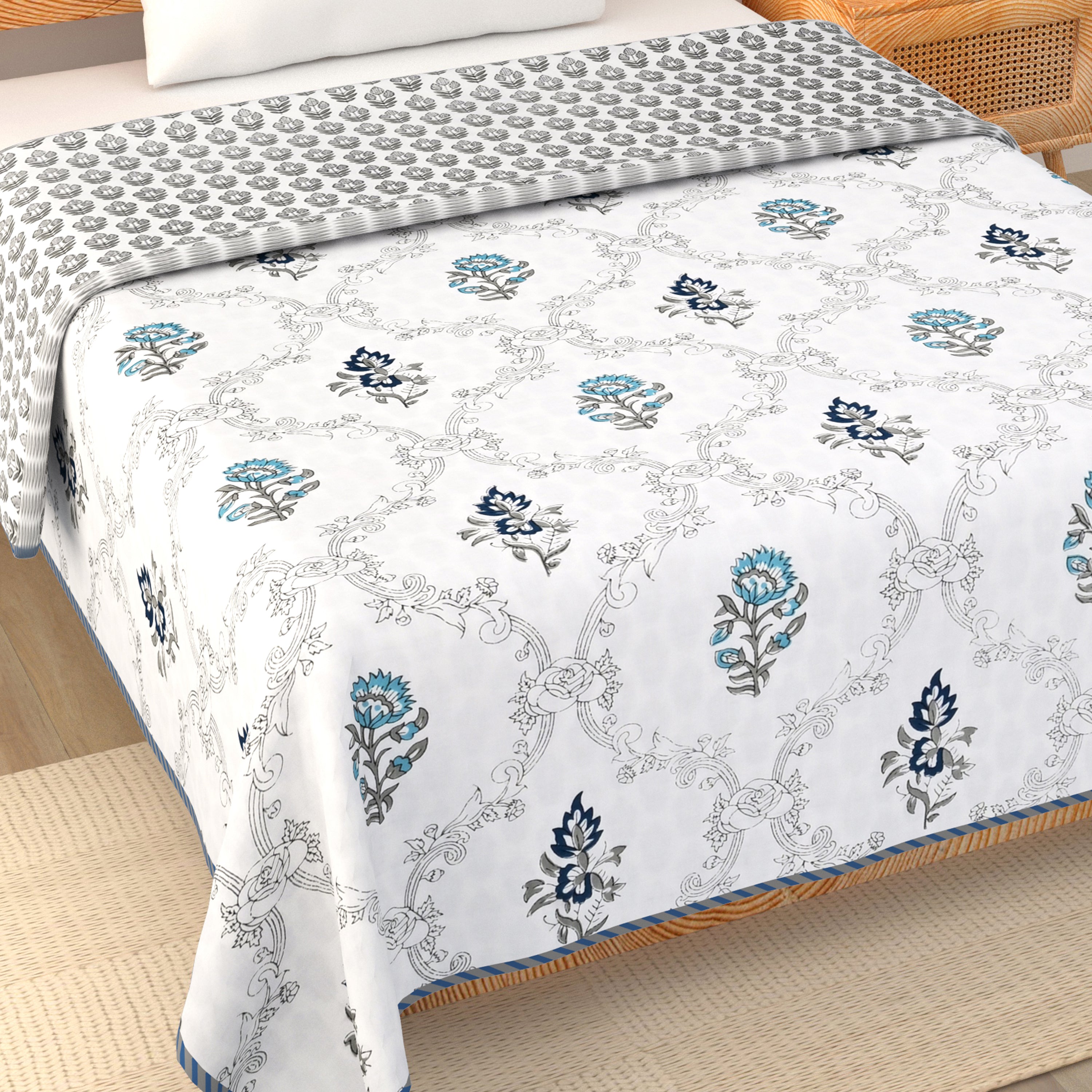 Botanical Calm Dohar Printable & Reversible - Blue Flower