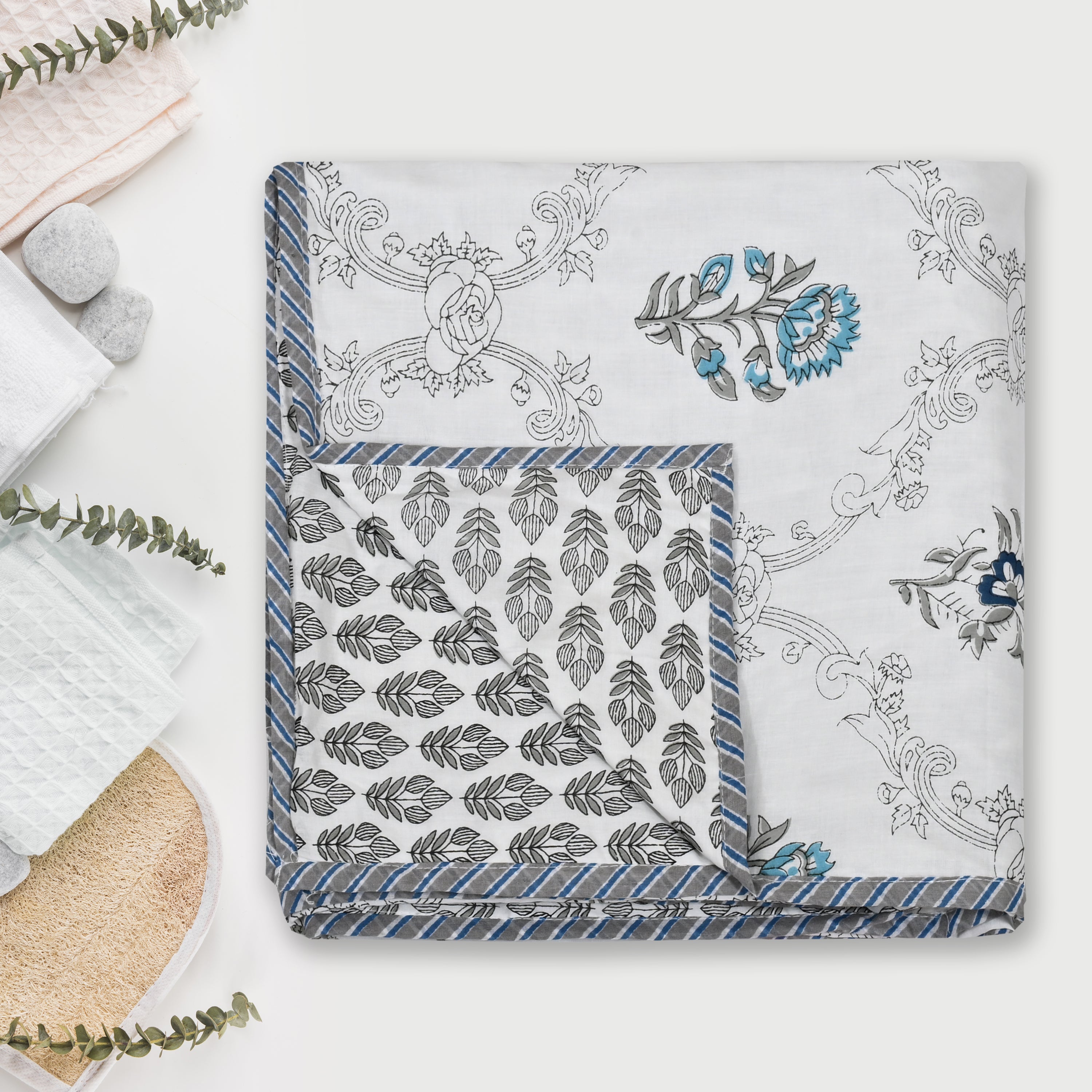 Botanical Calm Dohar Printable & Reversible - Blue Flower