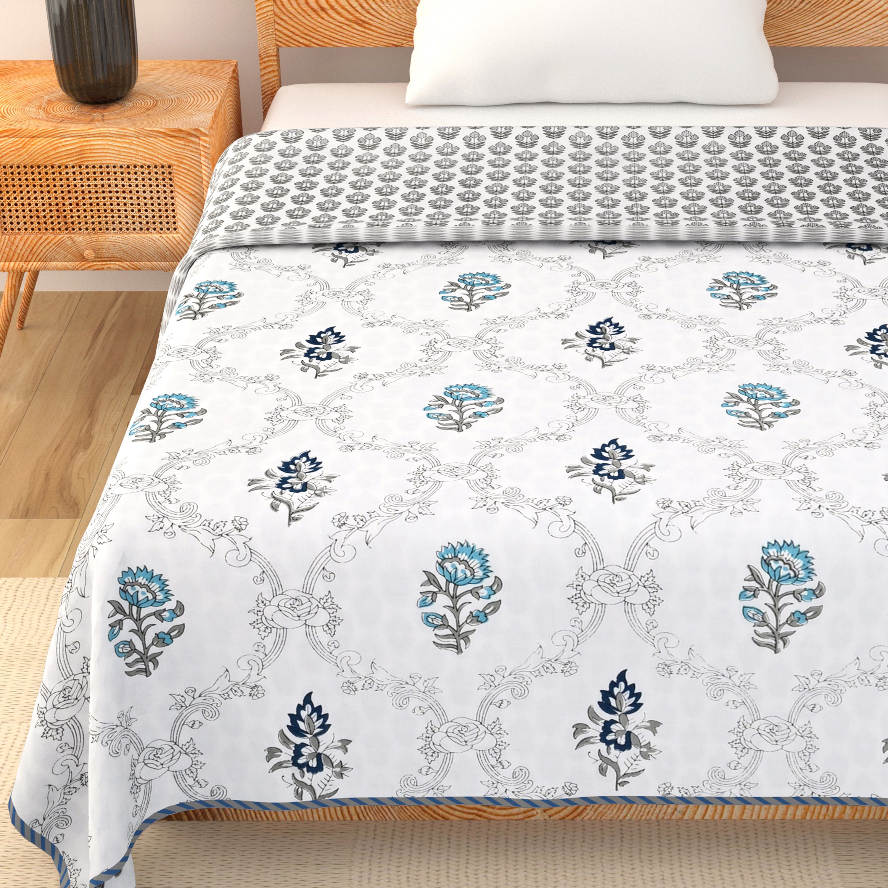 Botanical Calm Dohar Printable & Reversible - Blue Flower
