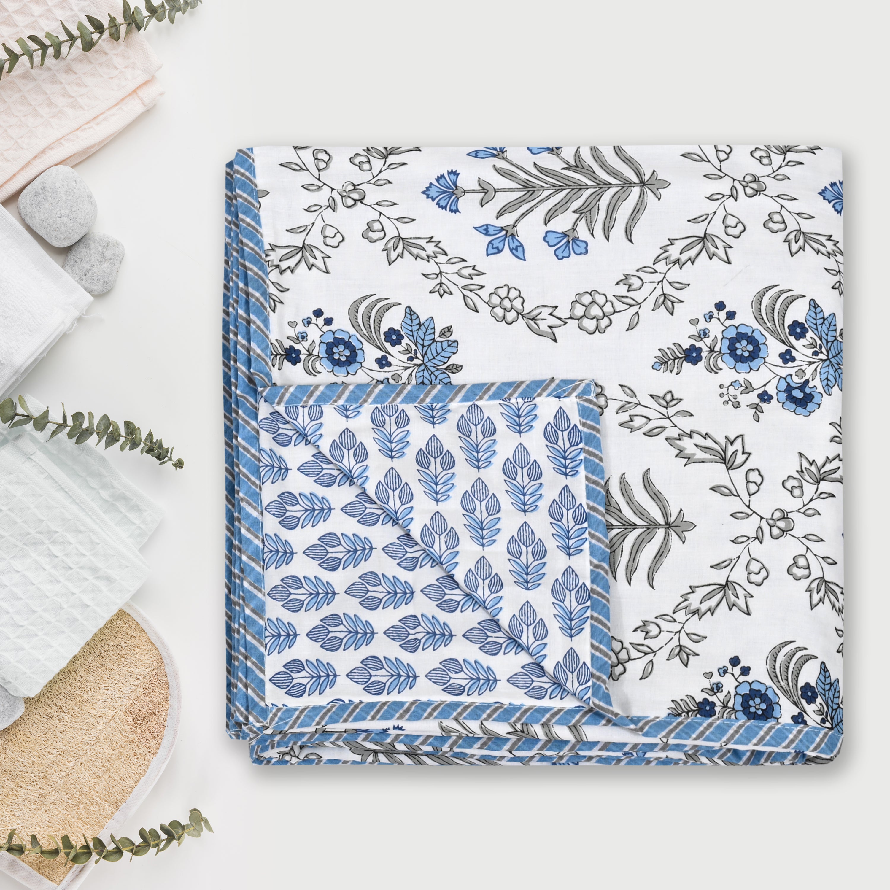 Indigo Frost Flower Cotton Dohar Printable & Reversible