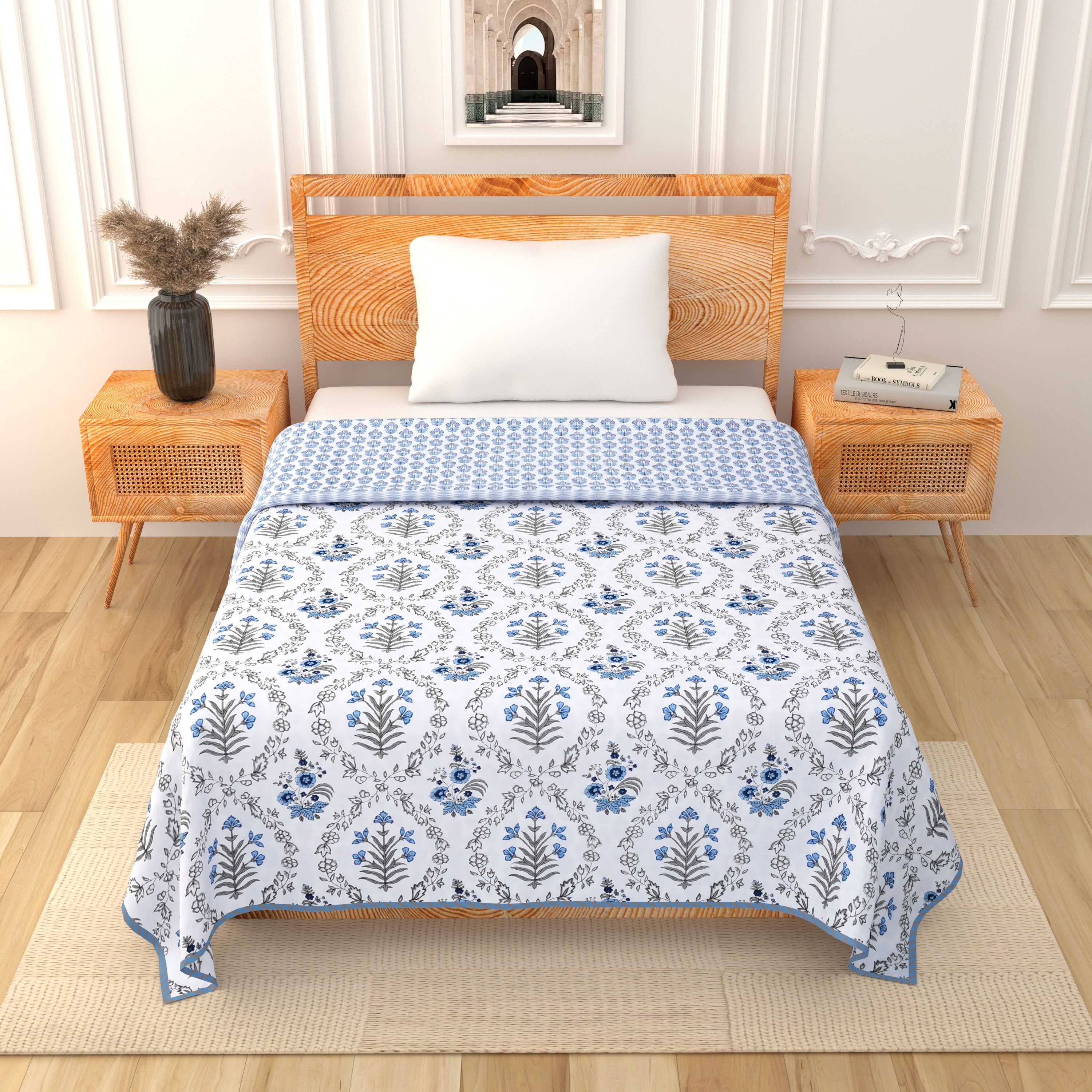 Indigo Frost Flower Cotton Dohar Printable & Reversible