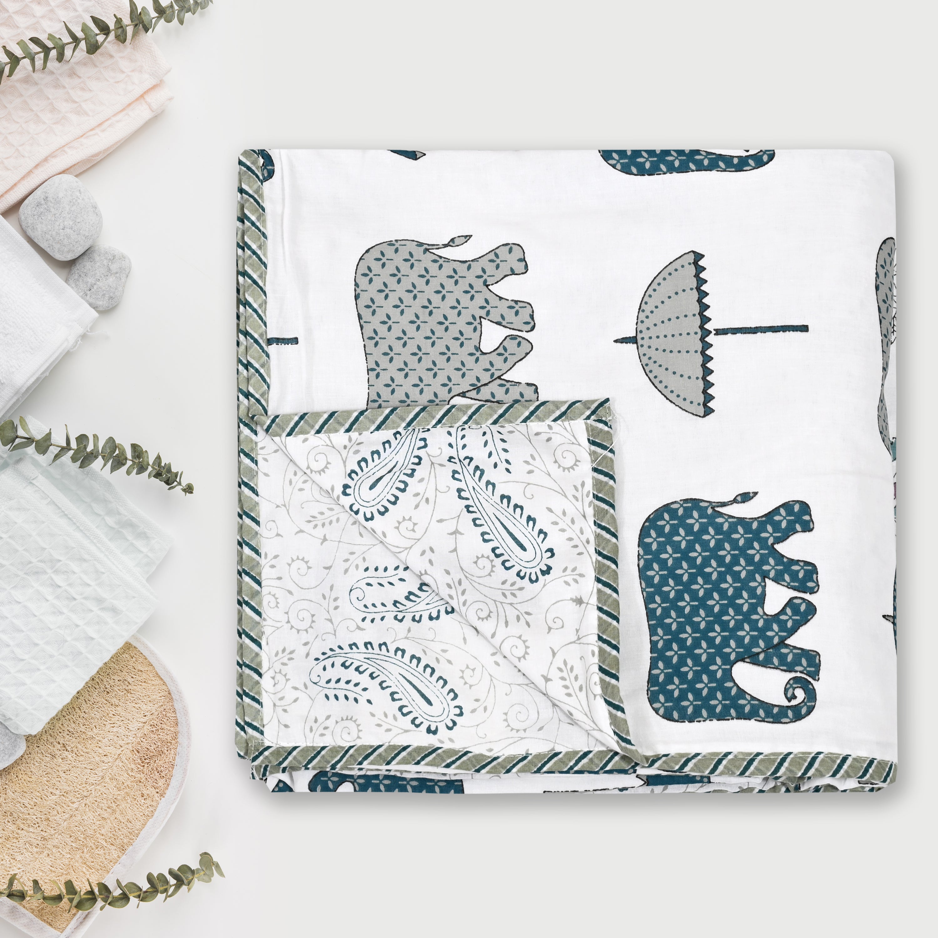 Botanical Calm Dohar Printable & Reversible - Blue Elephant